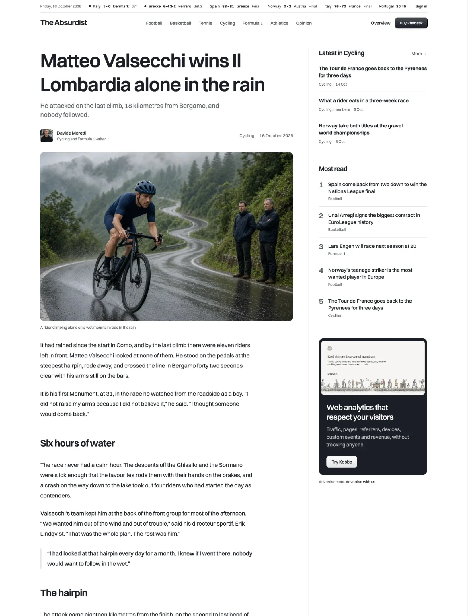 Phanatik story page with a large headline, standfirst, writer and date over a photograph of a cyclist in the rain, the report with subheadings and a quote, and a sidebar with the latest in cycling, most read and an ad