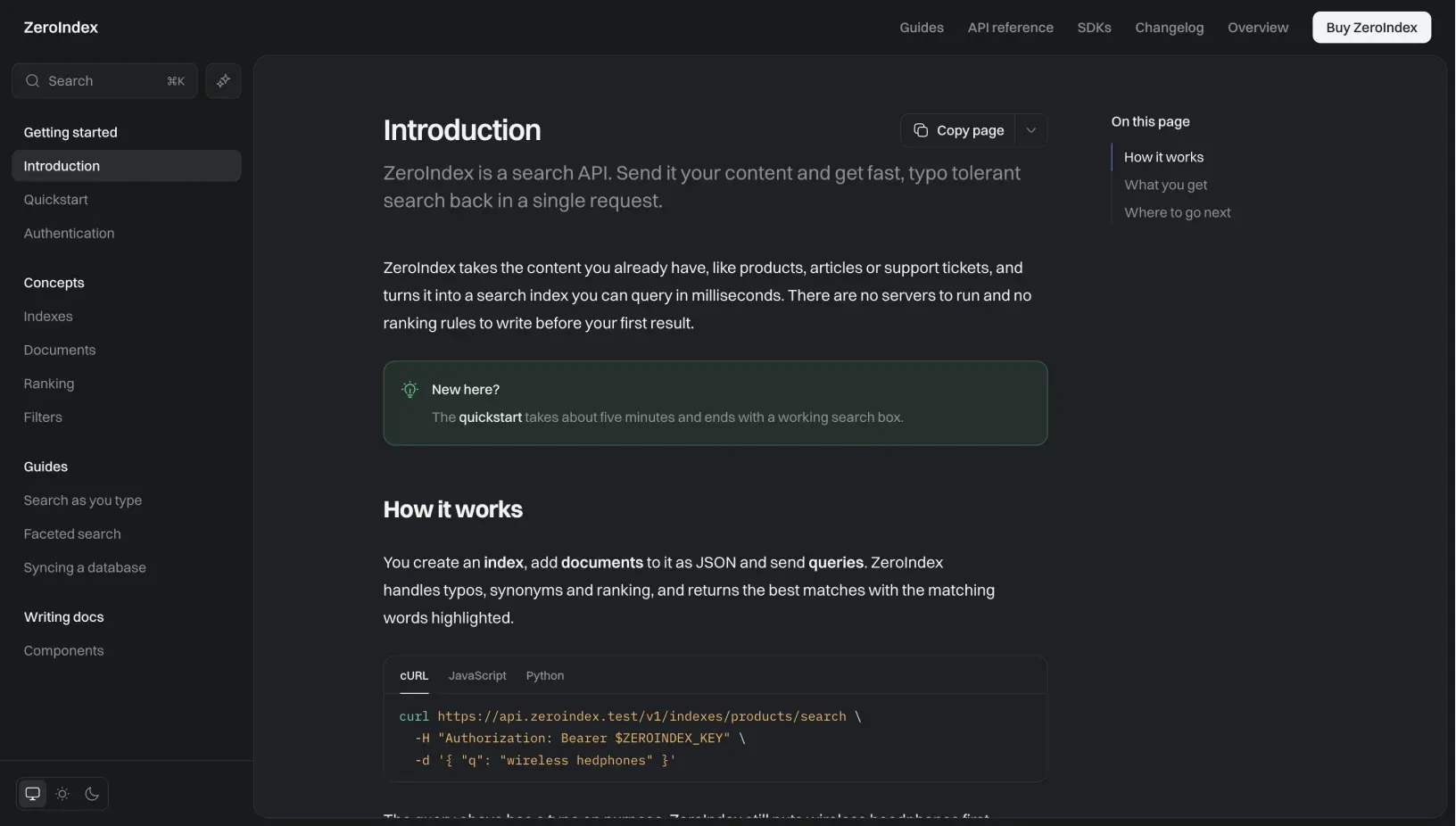 ZeroIndex Introduction guide in dark mode, with the sidebar, a tip callout, a code group and the table of contents
