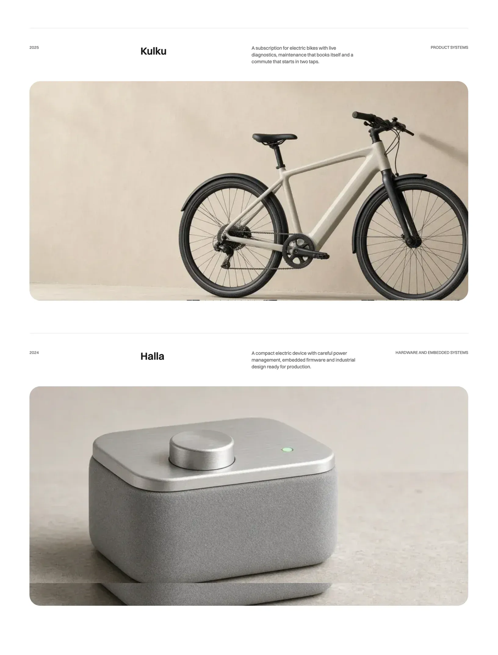 Prima Persona work in light mode with Kulku and an off-white electric bike, and Halla with a compact grey device