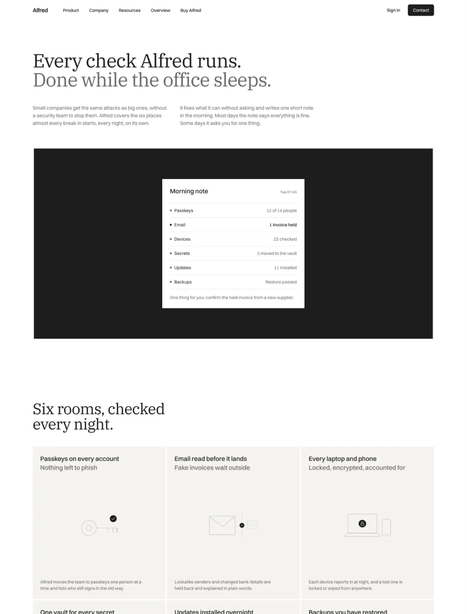 Alfred features page with Every check Alfred runs, a morning note listing the six checks on a dark panel, and Six rooms checked every night in grey cards with drawings
