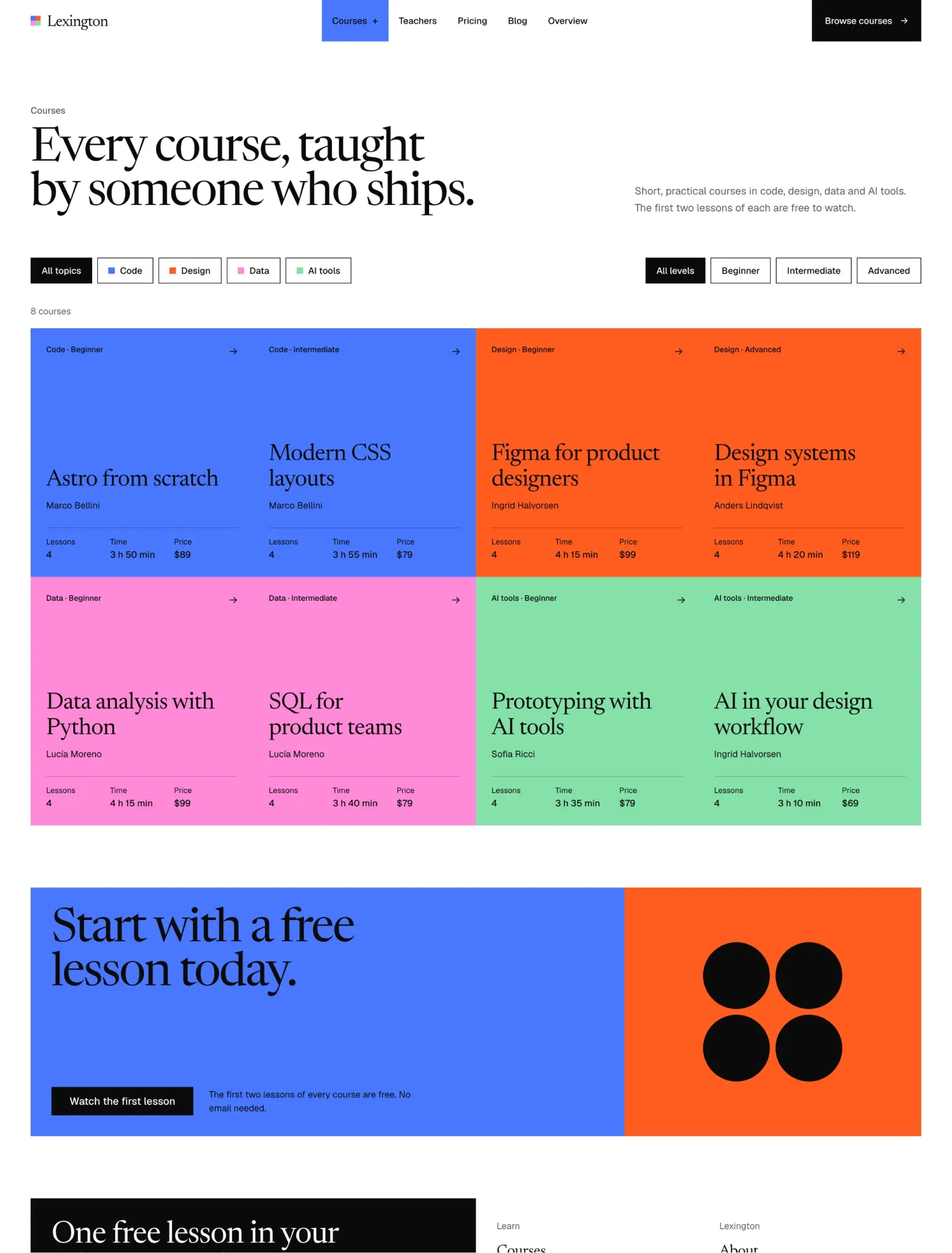 Enlightr courses page with topic and level filters and course cards in four colours