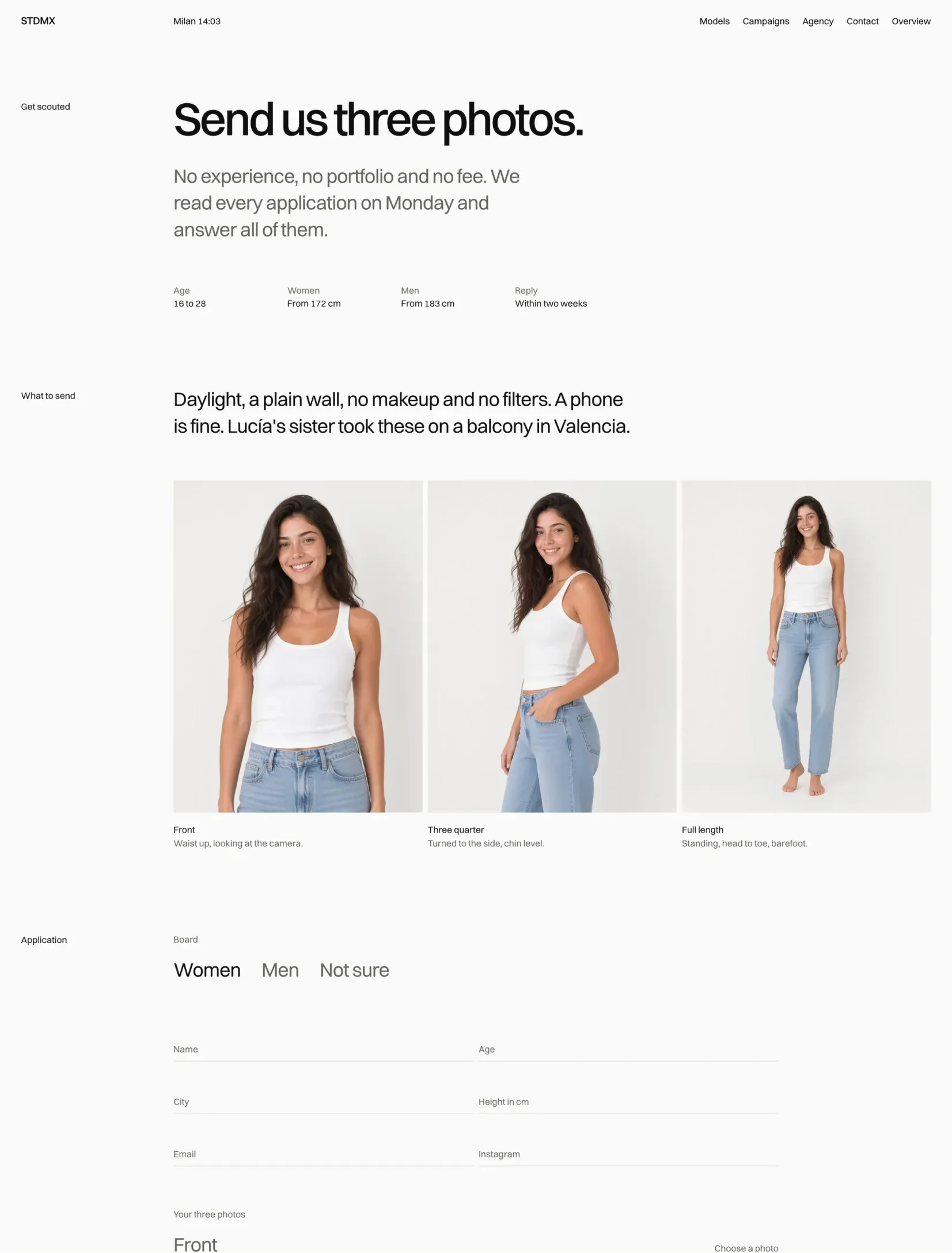 Studiomax get scouted page with the requirements, Lucía's front, three quarter and full length photos, and the application form
