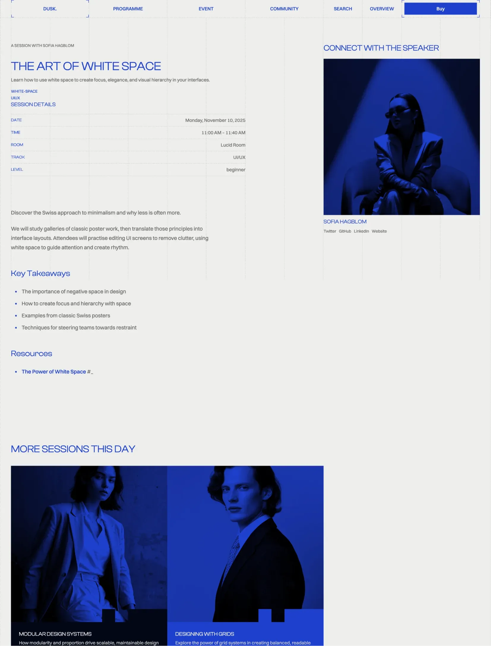 Dusk session page for The Art of White Space with the session details, key takeaways, the speaker and more sessions that day