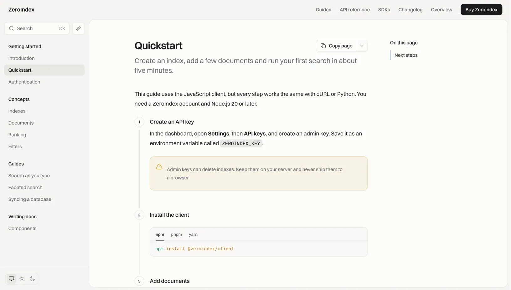 ZeroIndex Quickstart guide with numbered steps, a warning callout about admin keys and an npm, pnpm and yarn install code group