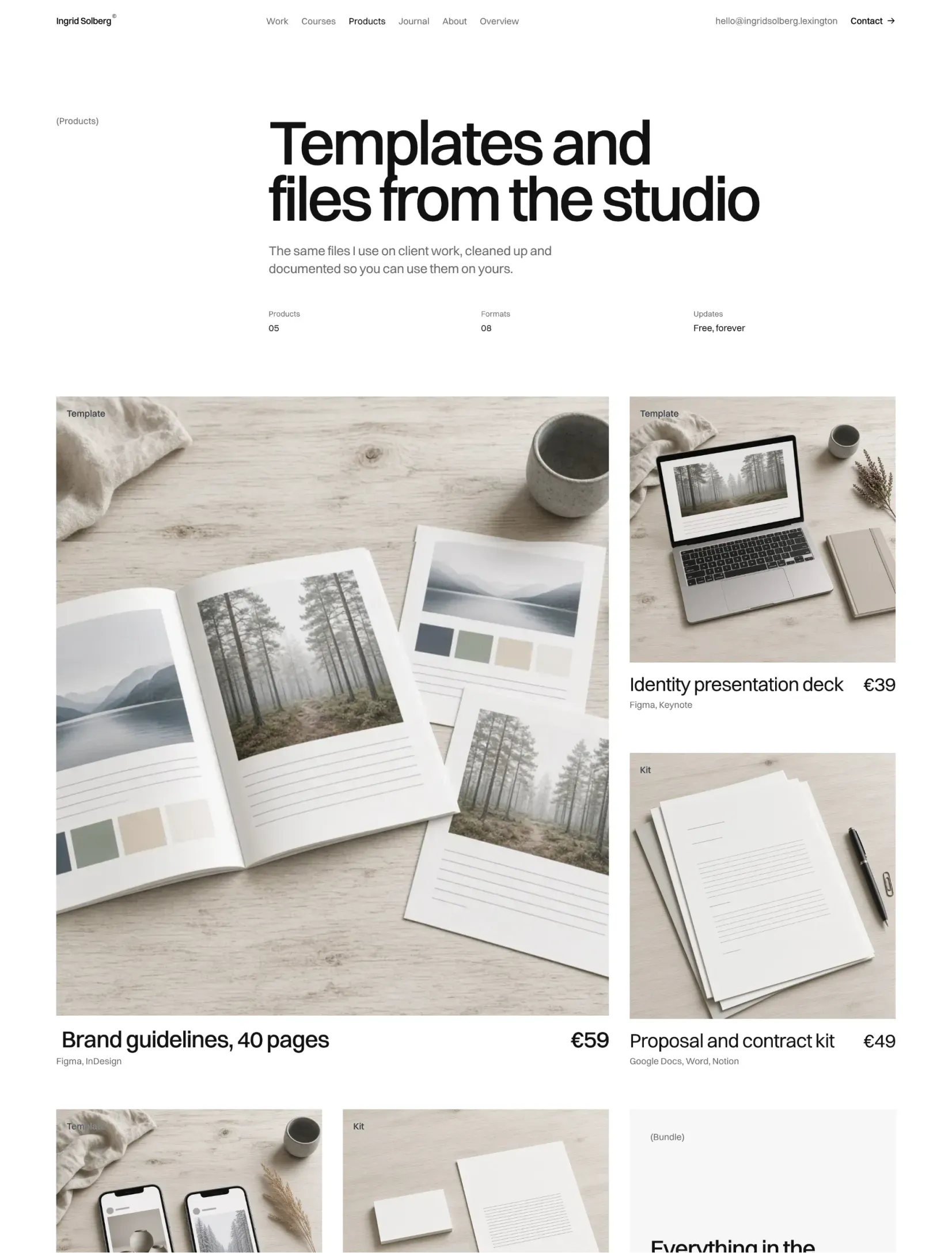 Pro FolioX products page with templates and kits in a mixed-size grid with prices