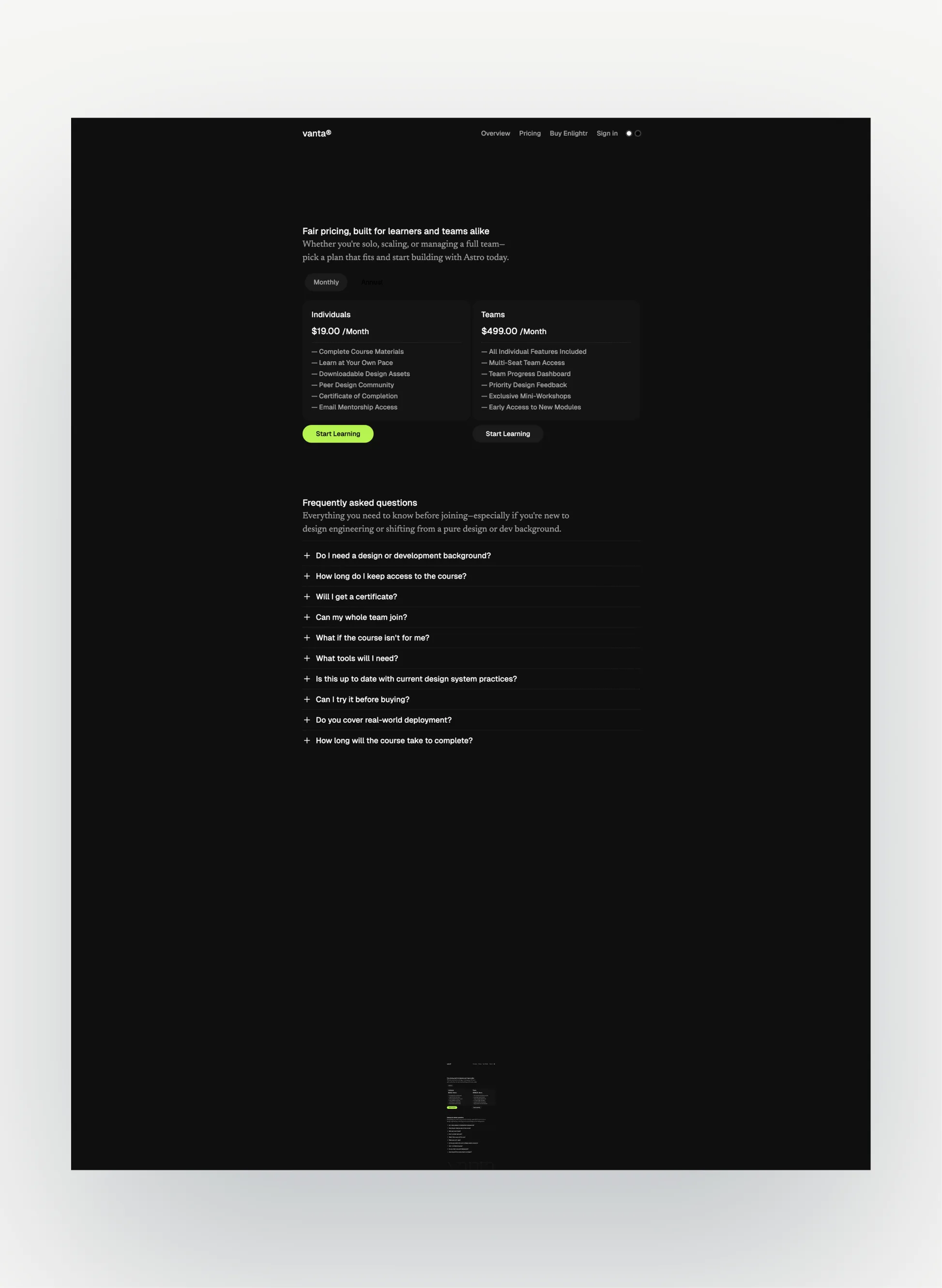 Vanta pricing section