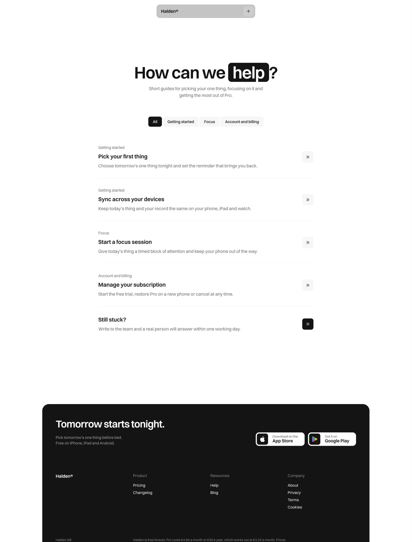 Halden help center with category filters, ruled article rows and the dark footer with App Store and Google Play buttons