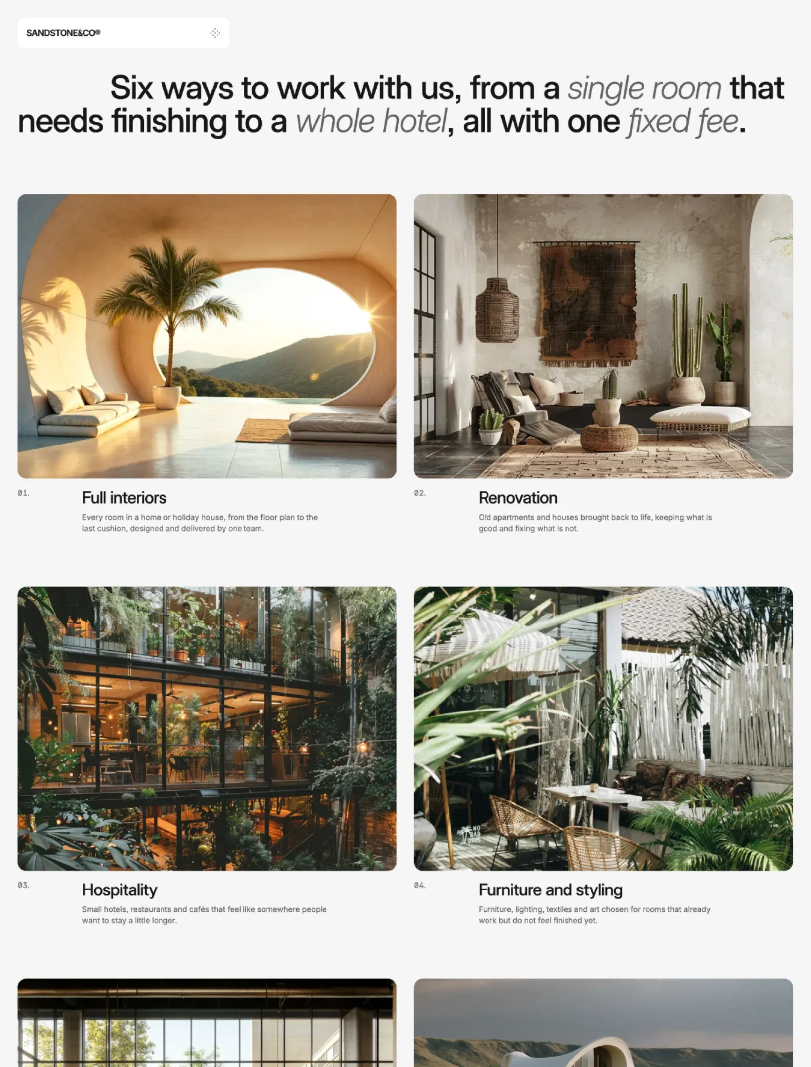 Sandstone services index with six ways to work with the studio, each with a number, a photo, a title and a short description, from full interiors to furniture and styling