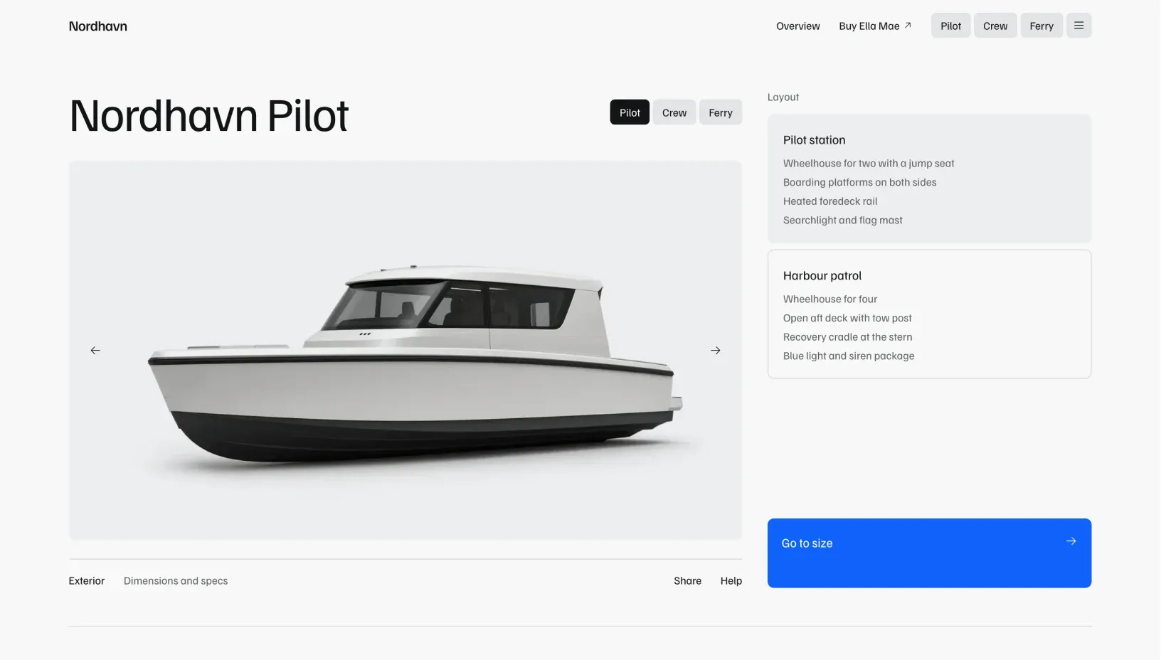 Ella Mae configurator choosing a layout for the Pilot, with model pills and a boat cut-out
