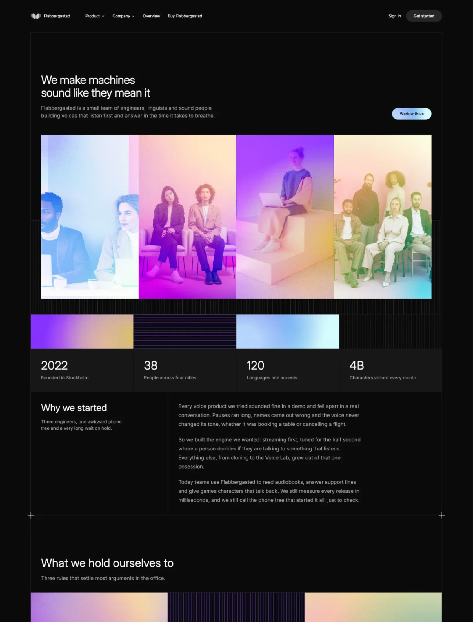 Flabbergasted about page with We make machines sound like they mean it, four tinted team photos, four numbers on art tiles and the Why we started story