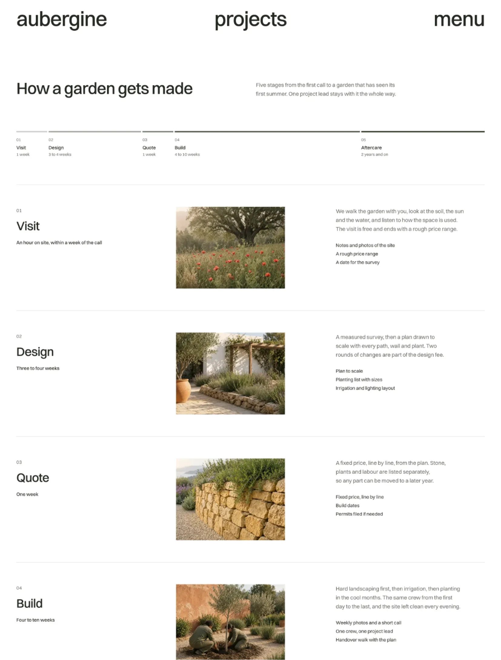 Aubergine services page with plant and stone photo strips