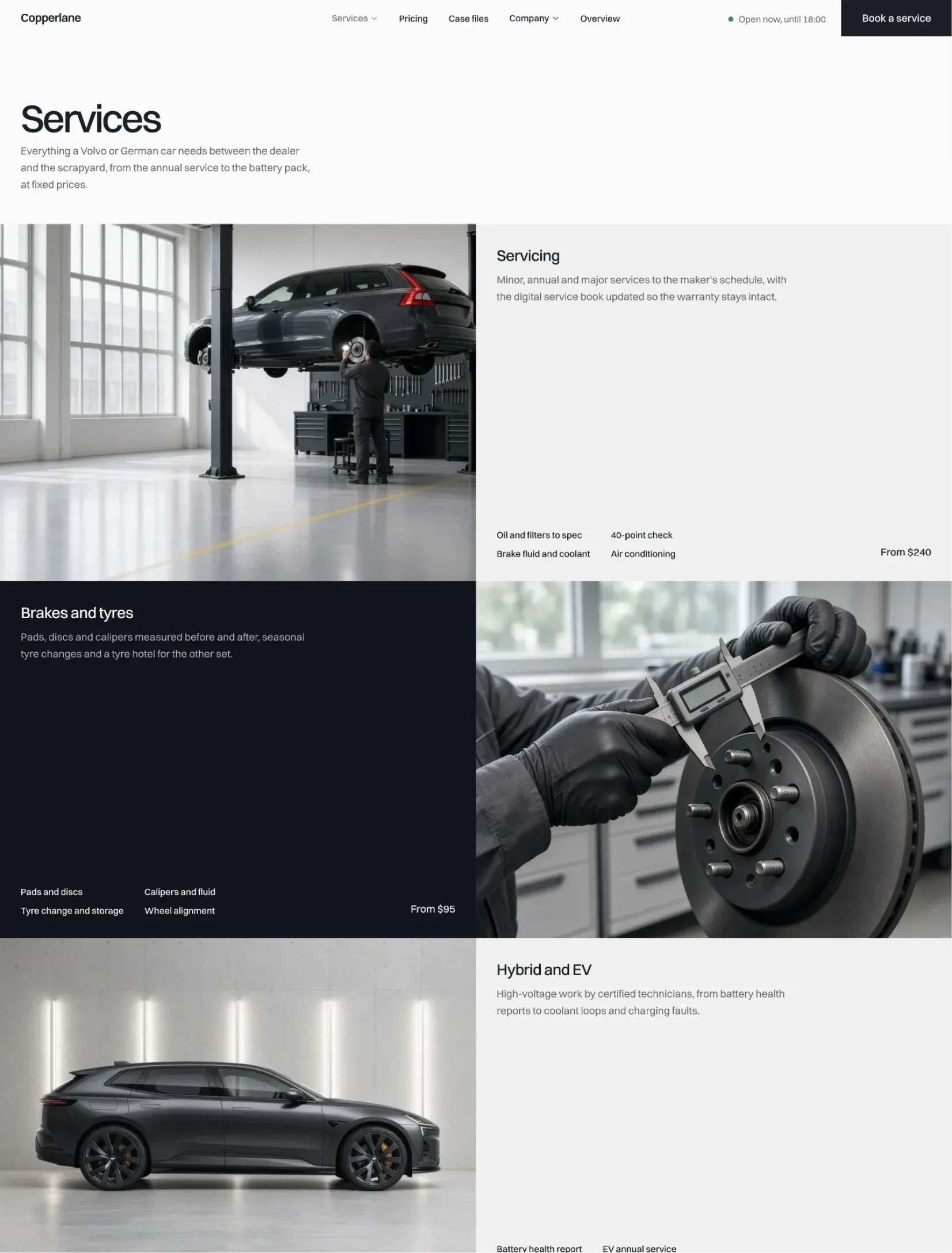 Copperlane services page with servicing, brakes and tyres, and hybrid and EV