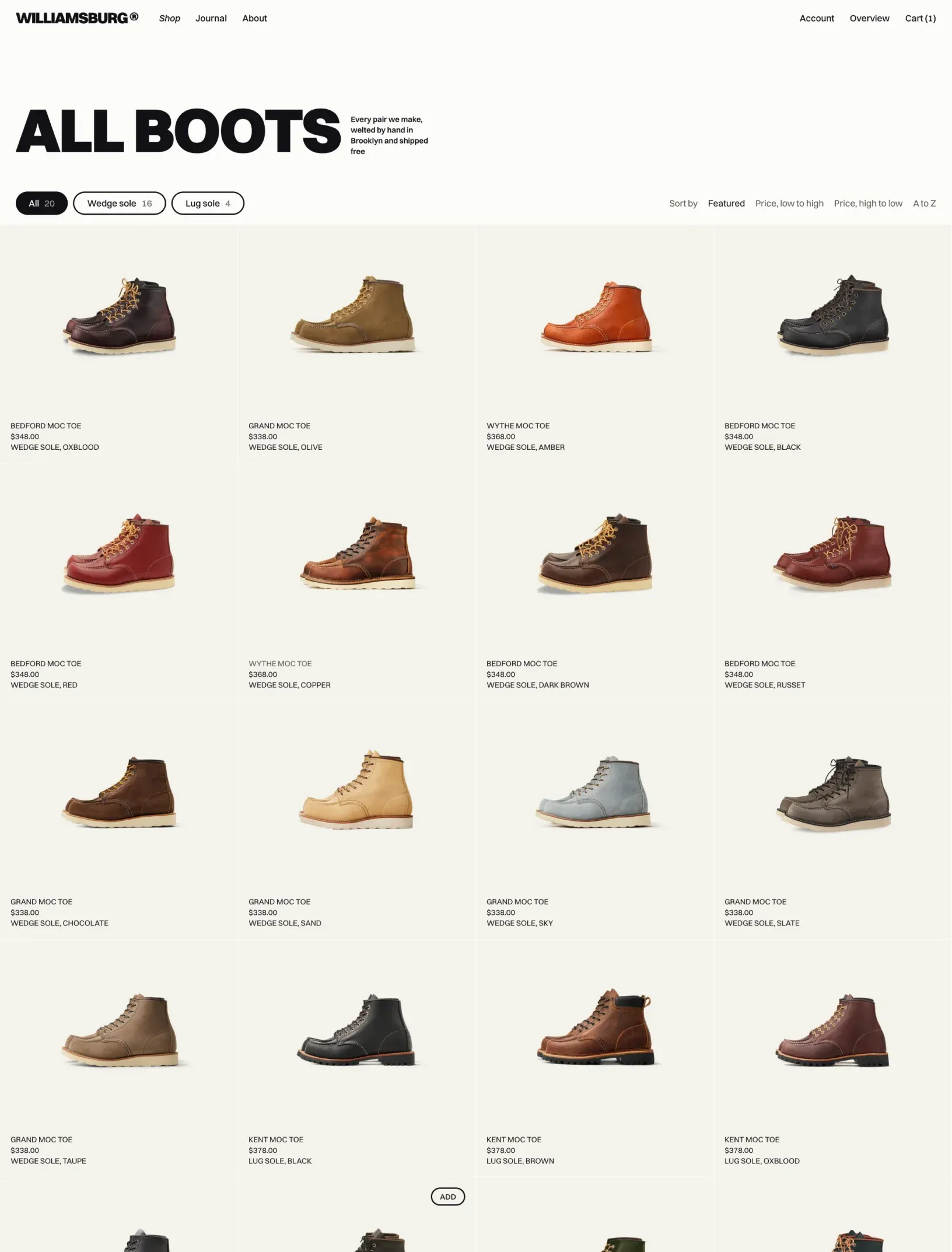 Williamsburg shop with All boots, filter pills for wedge and lug soles with counts, sort links and a full-bleed grid of product tiles with name, price, sole and colour