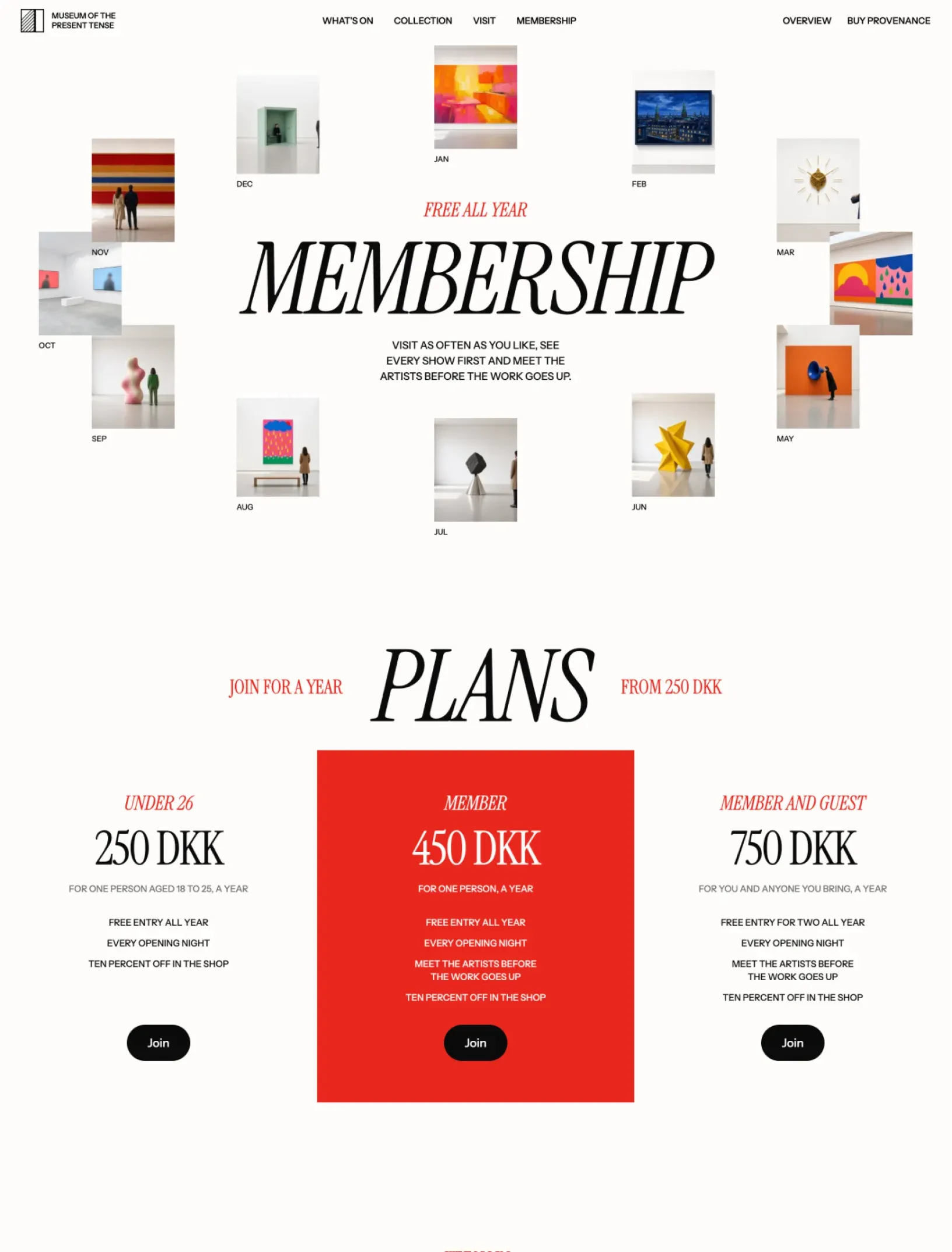 Offcut membership page with twelve works labelled January to December circling the Membership title, then the Plans title and three plans with prices, perks and Join buttons, the middle one on a red ground