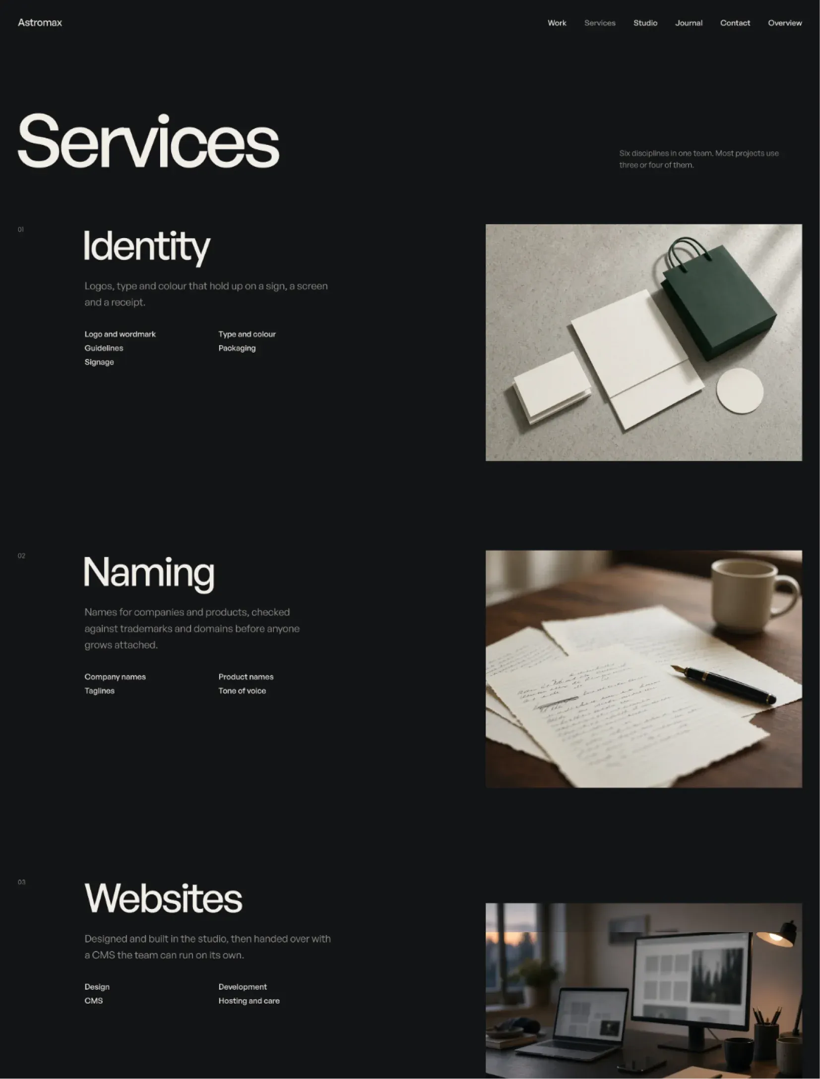 Astromax SP services page with identity, naming and websites, each with a short summary, what it includes and a photograph
