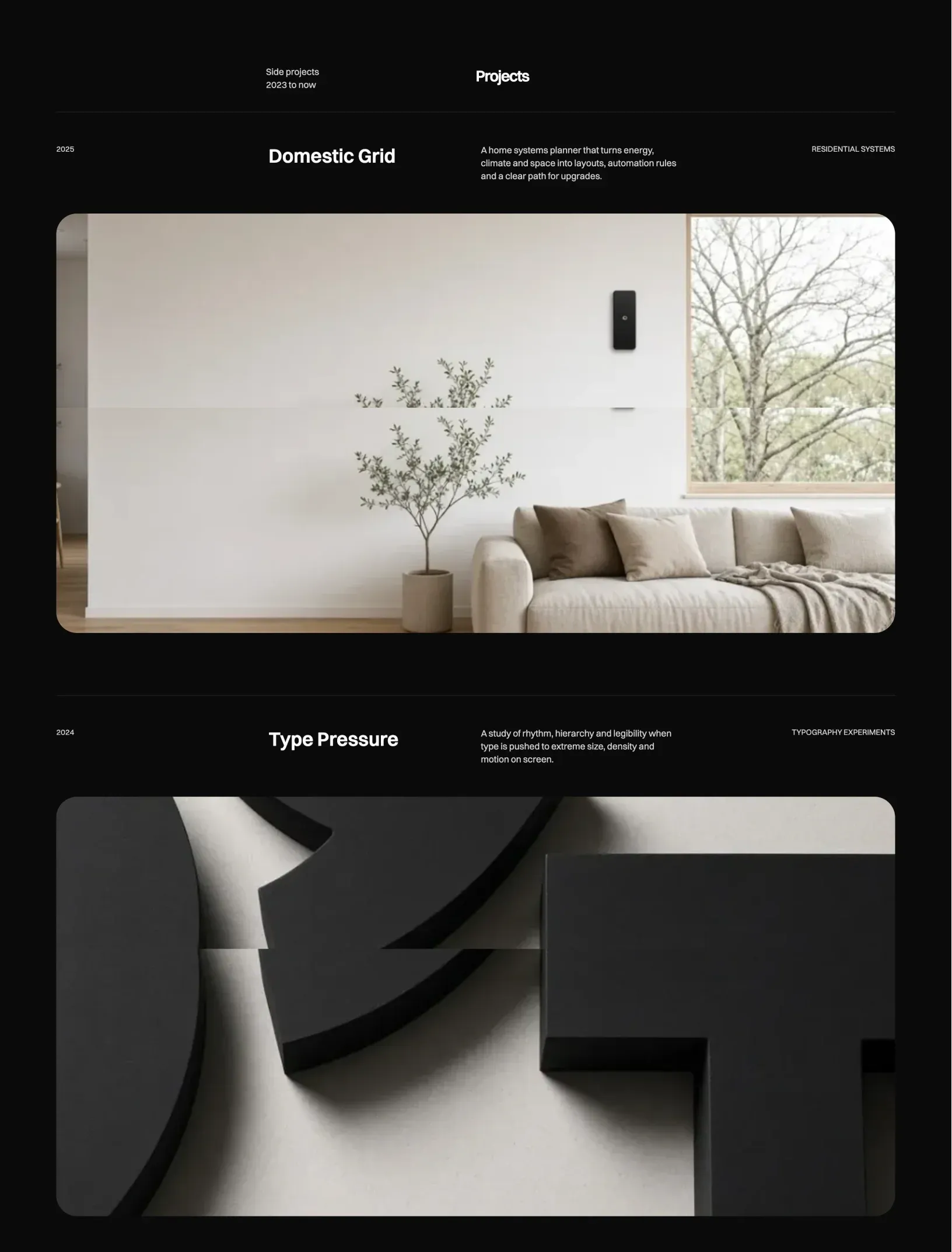 Prima Persona side projects in dark mode with Domestic Grid and a Nordic living room, and Type Pressure with oversized black letterforms