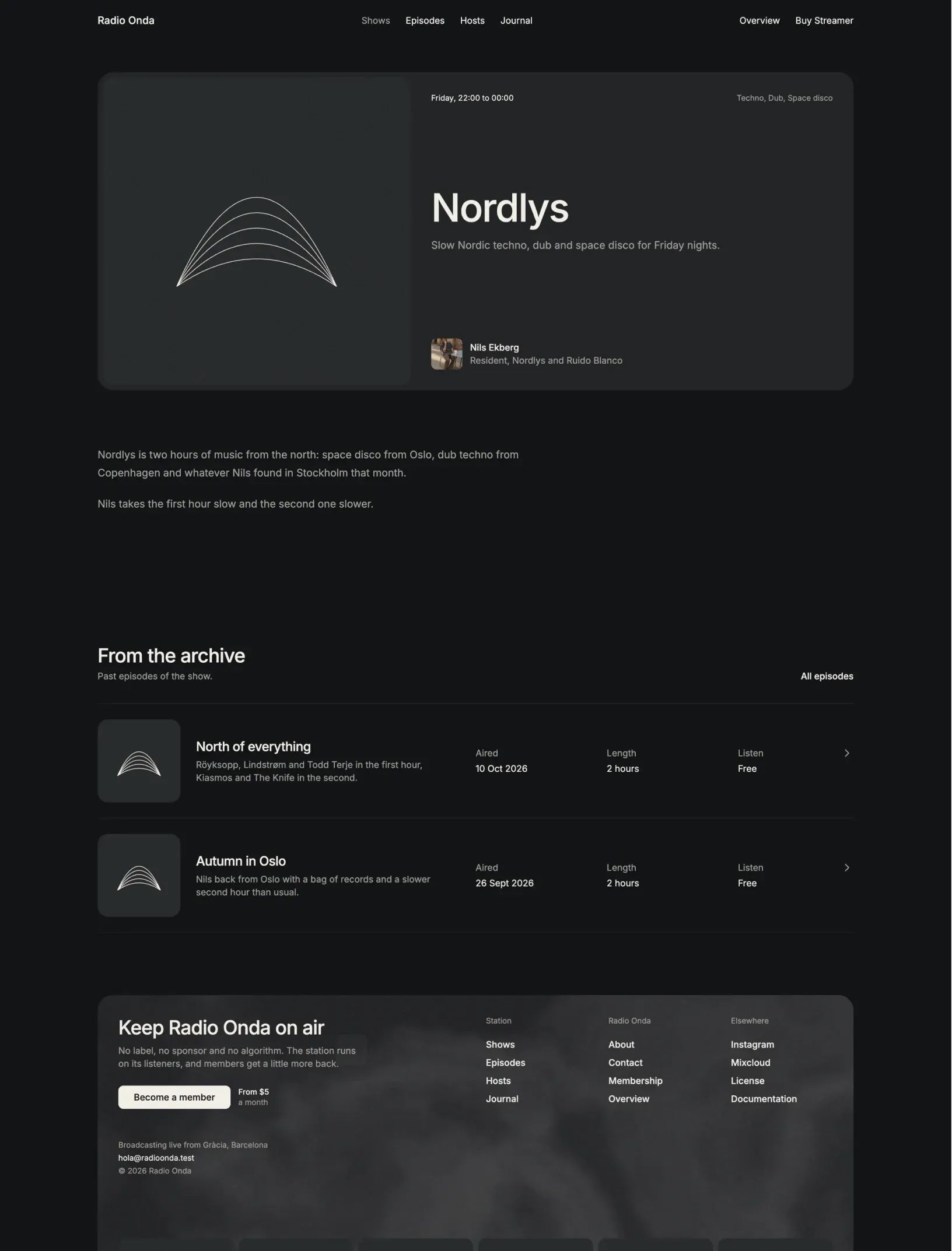 Streamer show page for Nordlys with a player card holding the cover, air time, genres and host, the show notes and the past episodes as rows