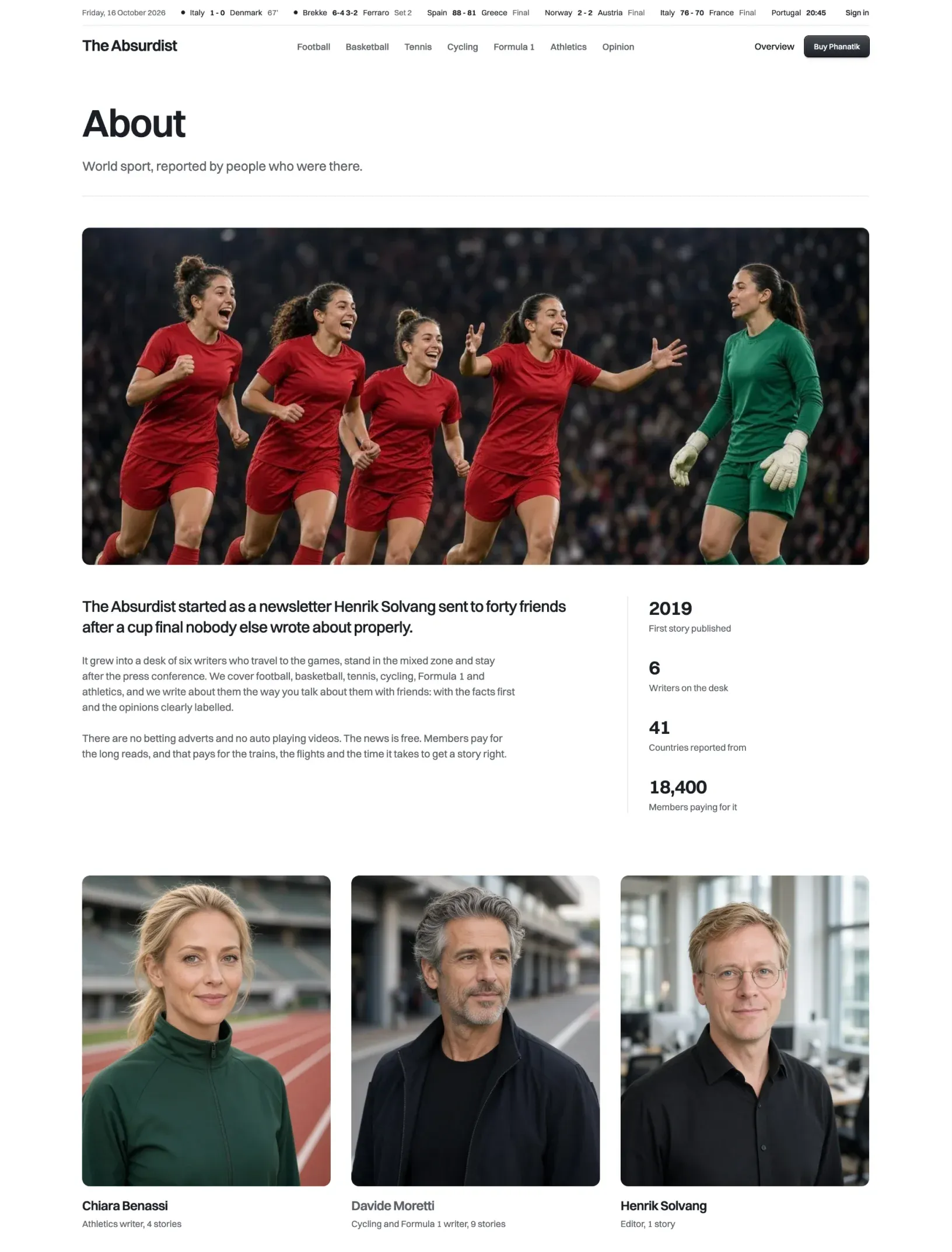 Phanatik about page with a heading, a wide photograph of footballers celebrating, the story of the site beside four key numbers, and portraits of the writers