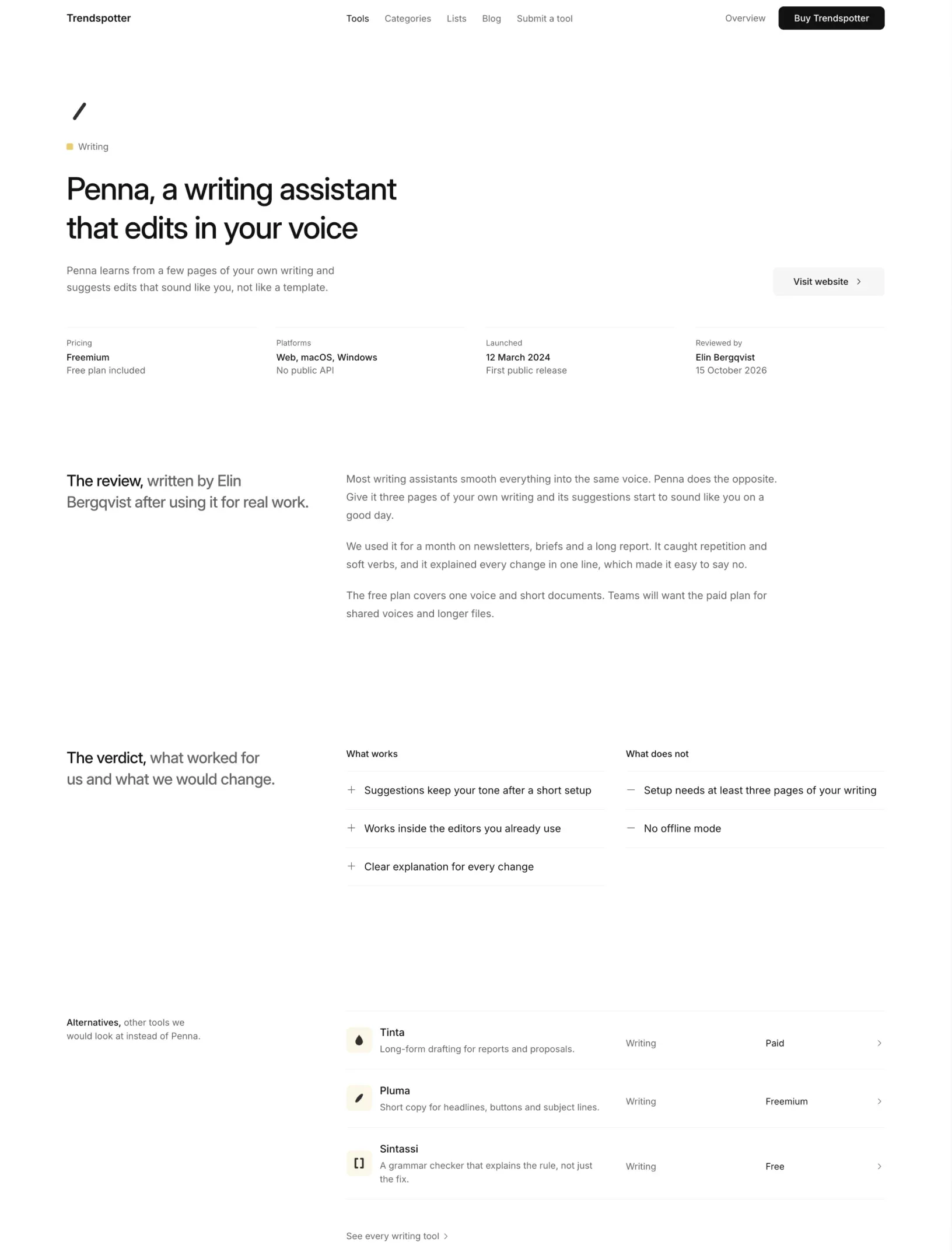 Trendspotter tool page for Penna, a writing assistant, with its facts, the review by Elin Bergqvist, what works and what does not, and alternatives