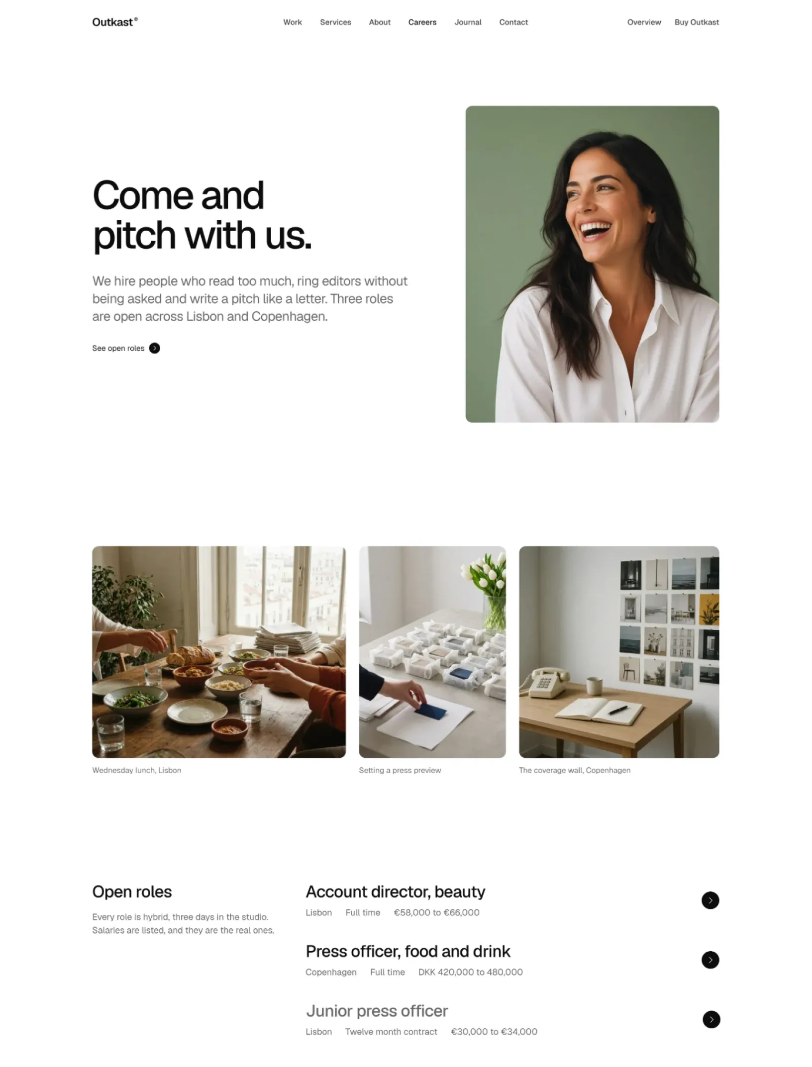 Outkast careers page with a Come and pitch with us headline beside a portrait, three photos of studio life and the open roles with their salaries
