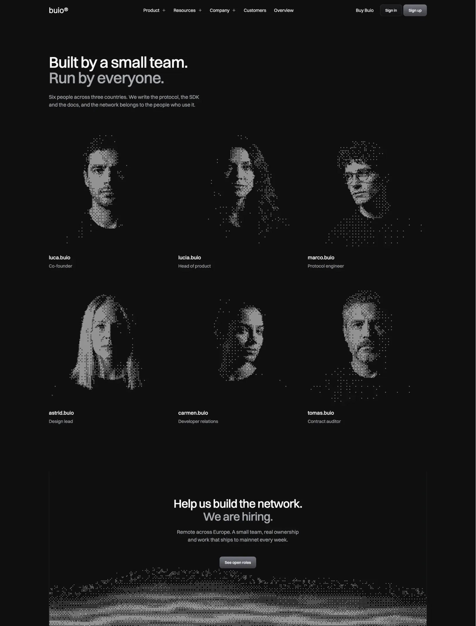 Buio team page with six dithered portraits by handle and role, and the hiring call to action over a dithered terrain