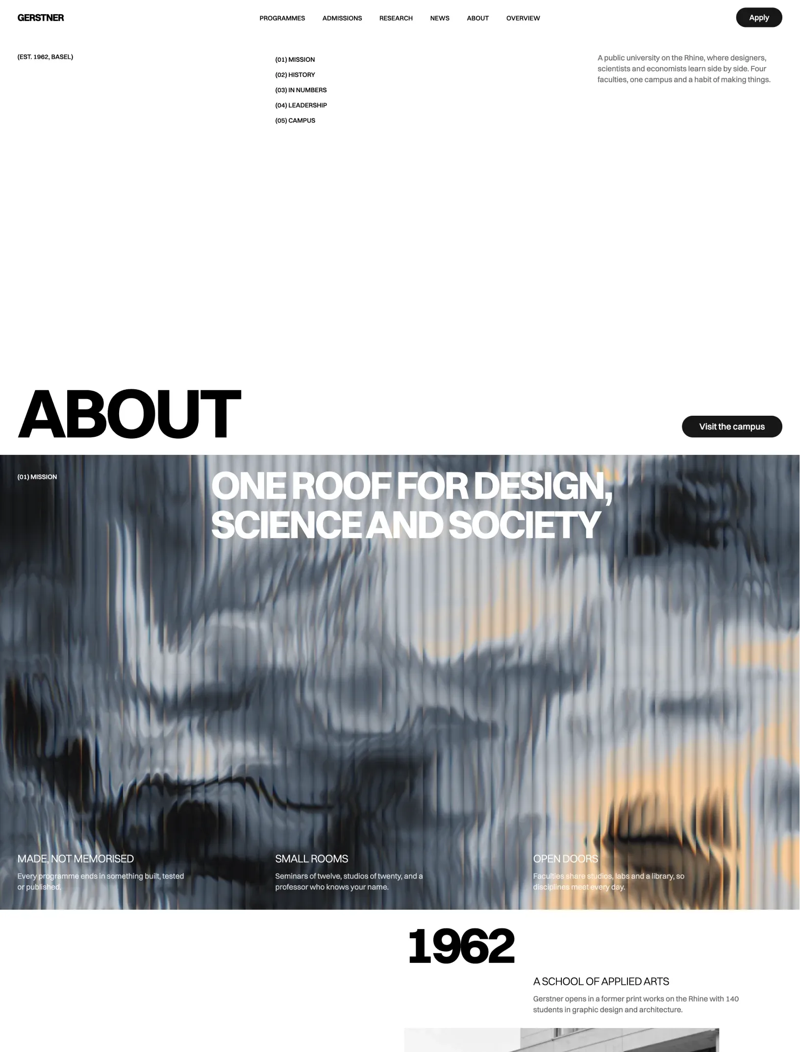Gerstner about page with section links and the mission over a gray shader, then the 1962 history start