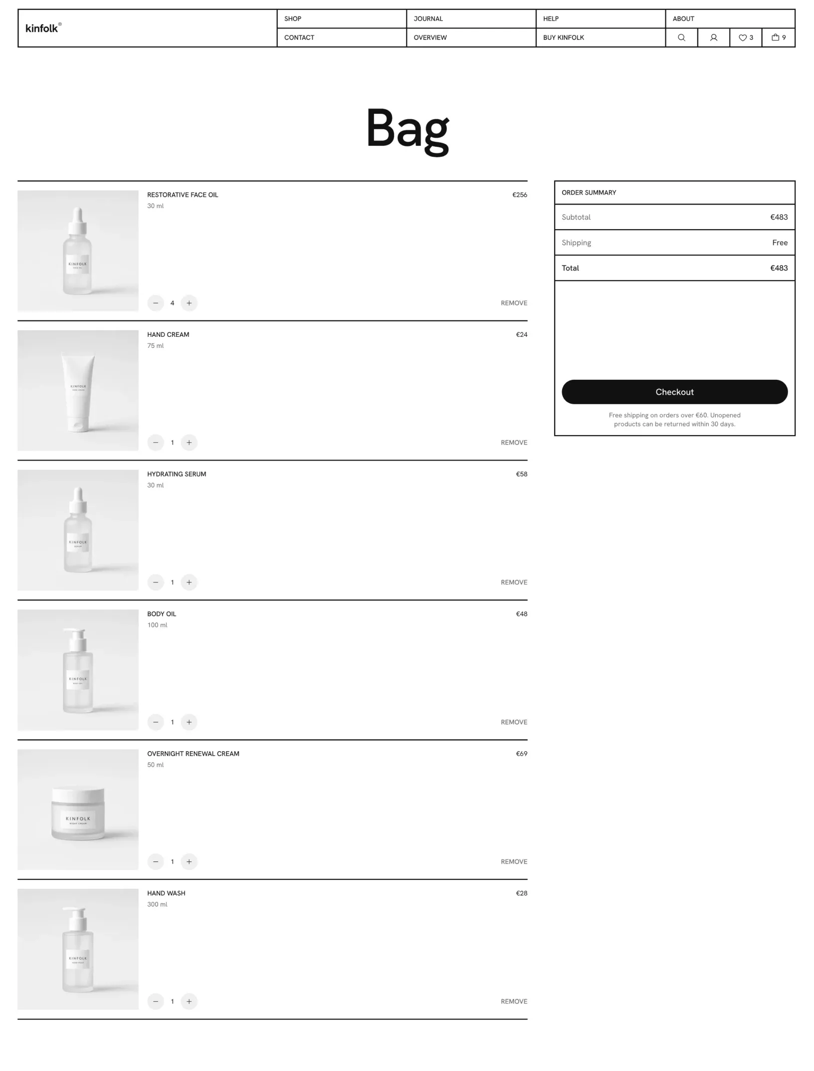 Kinfolk bag with product rows, quantity steppers and remove links beside a bordered order summary with subtotal, shipping, total and a Checkout button