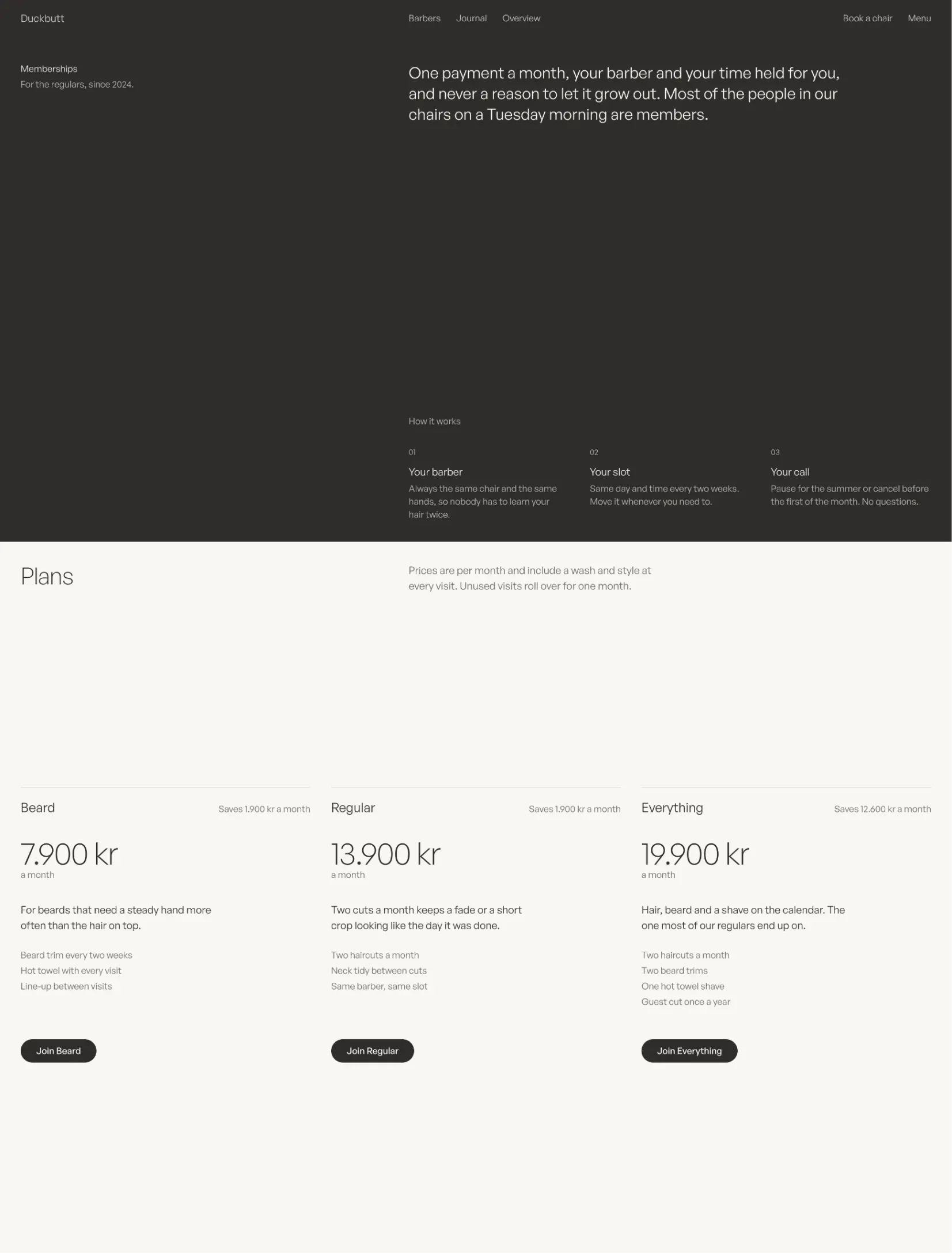 Duckbutt memberships page with a dark intro, how it works and three monthly plans