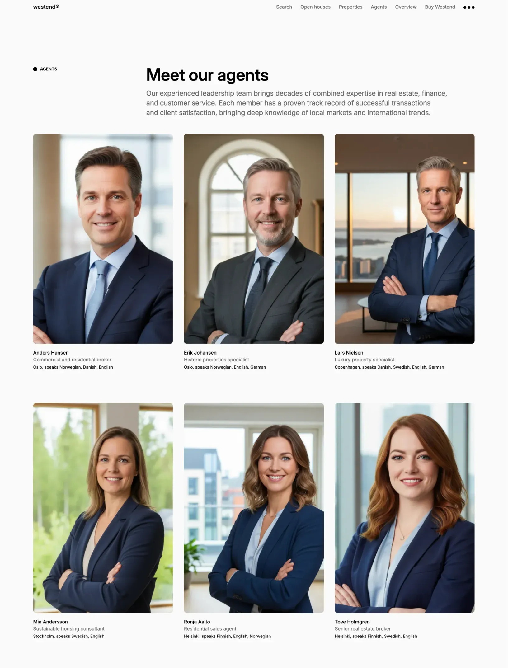 Westend agents directory with six agent portraits, roles, cities and languages