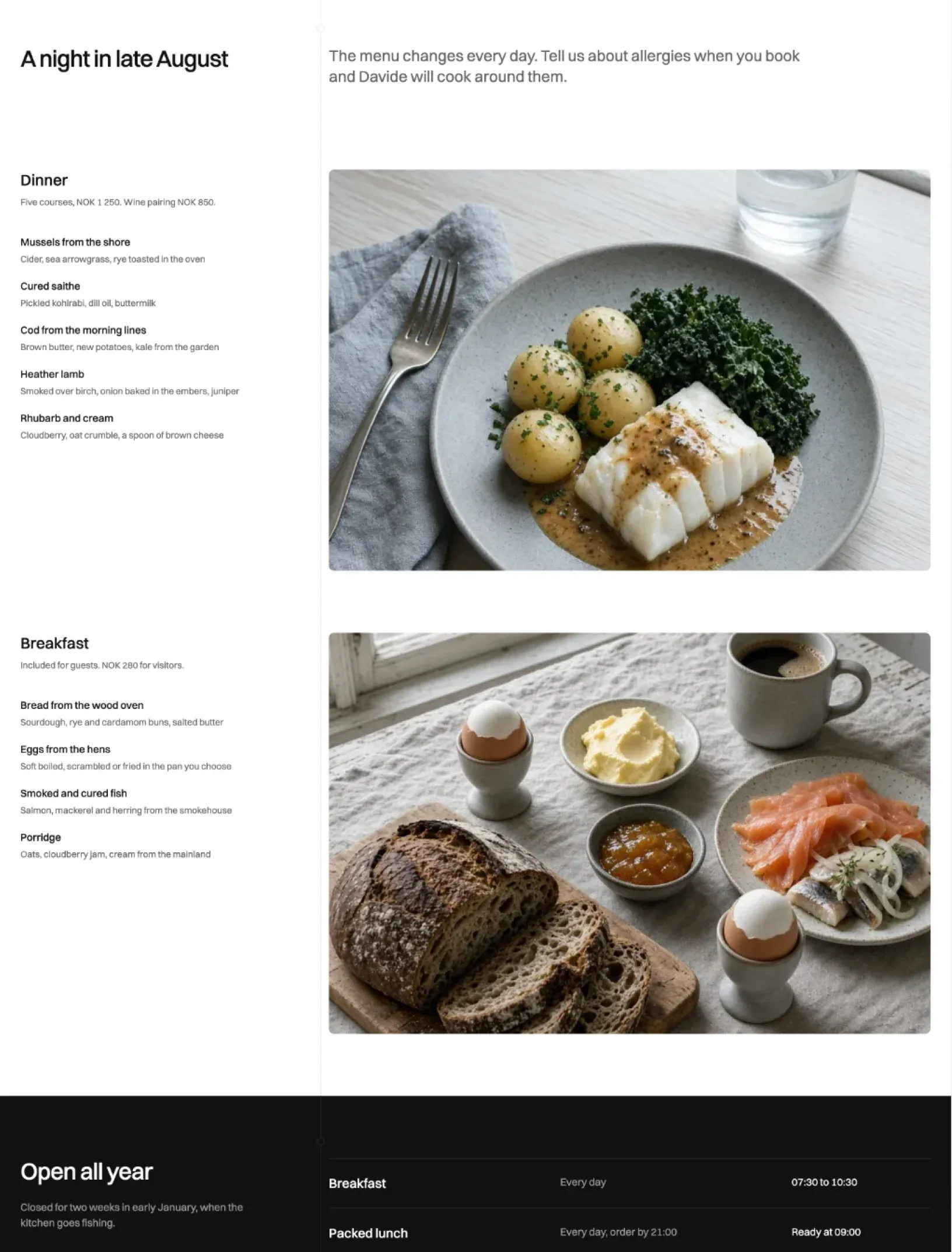 Author restaurant sample menus with dinner and breakfast courses listed beside photos of cod with potatoes and a breakfast table, above the dark opening hours section