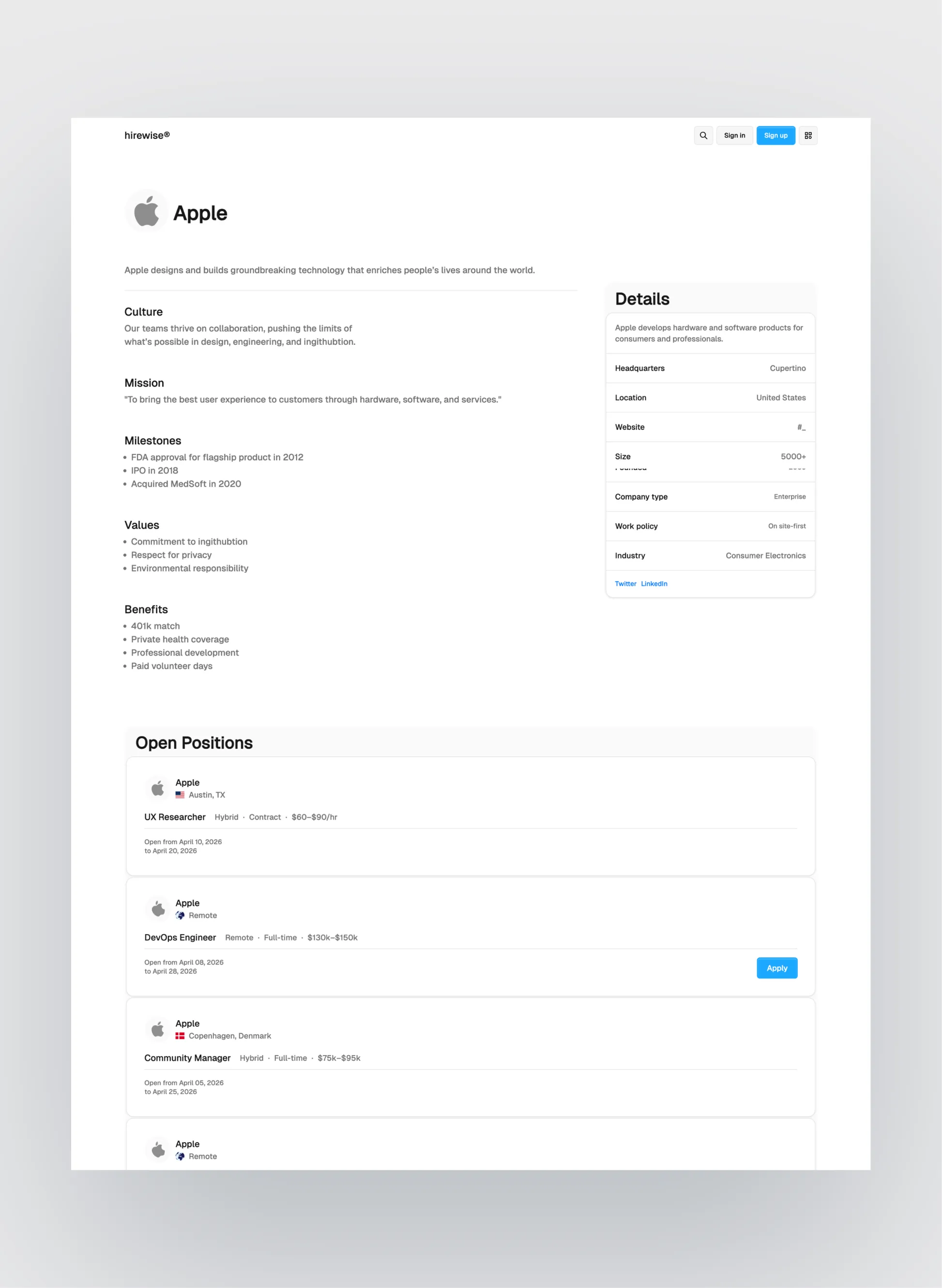 Hirewise pricing page layout