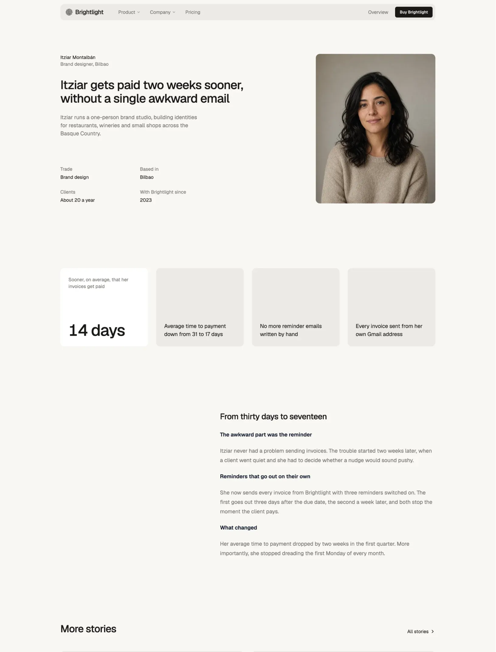 Brightlight customer story for a brand designer in Bilbao with her portrait, details, results and the full write-up