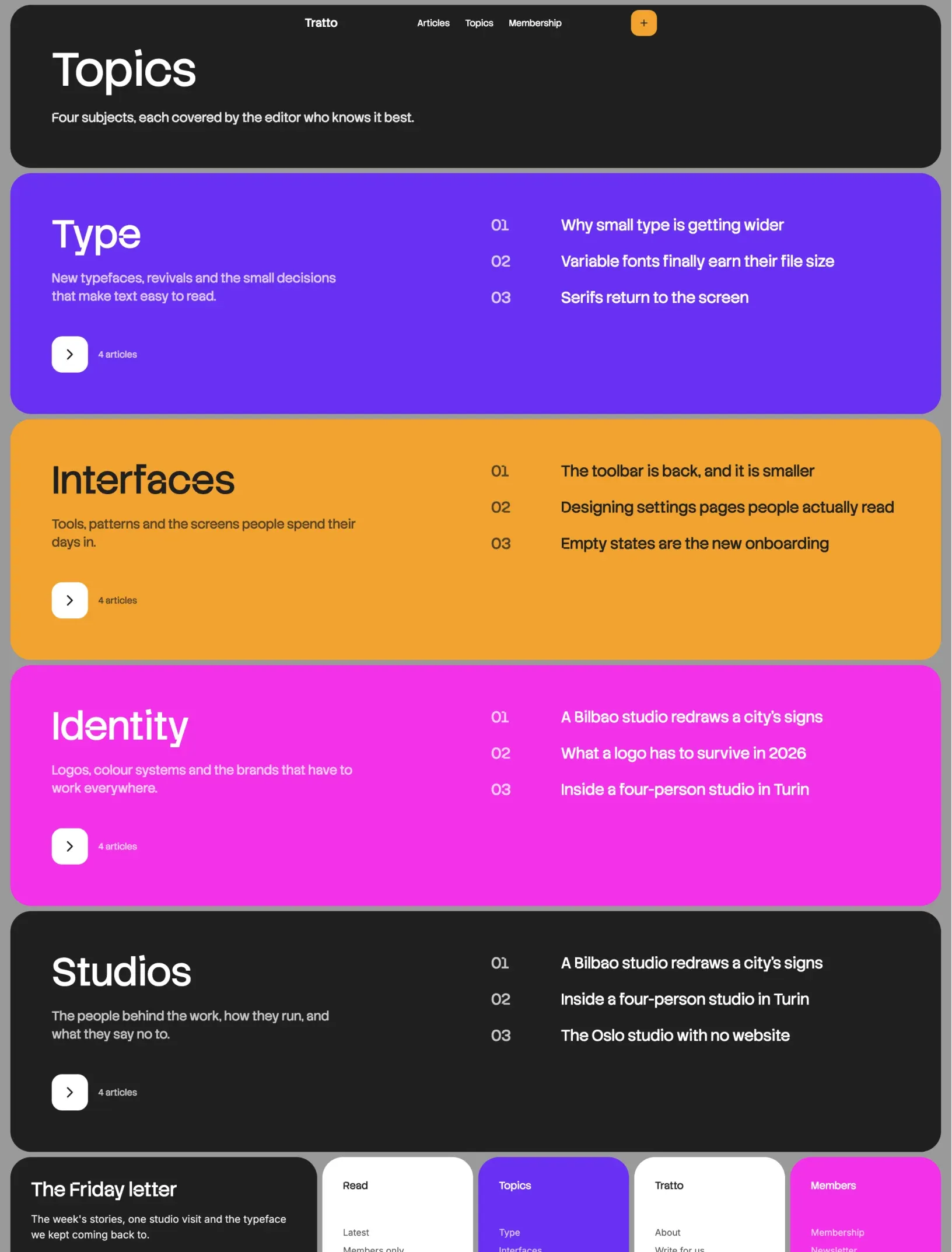 Snowpeak topics page with one coloured card per topic listing its latest three articles