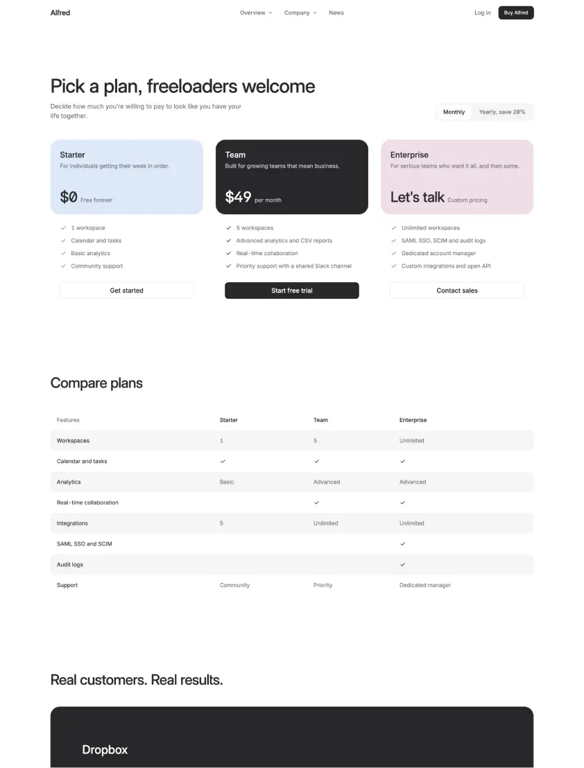 Alfred pricing page with plans and comparison table