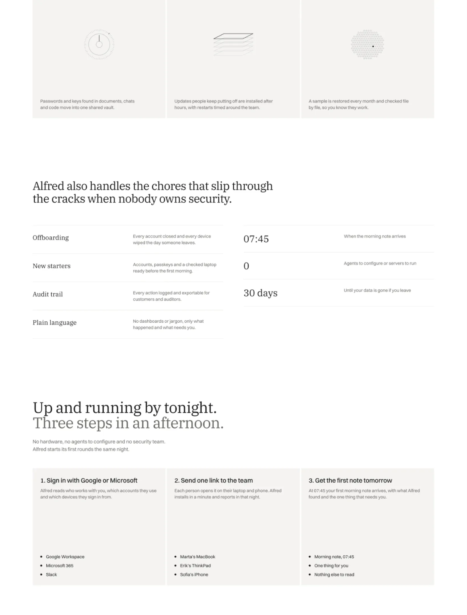 Alfred features page with the vault, updates and backups cards, chores Alfred handles in hairline rows beside plain numbers, and three setup steps with dotted lists