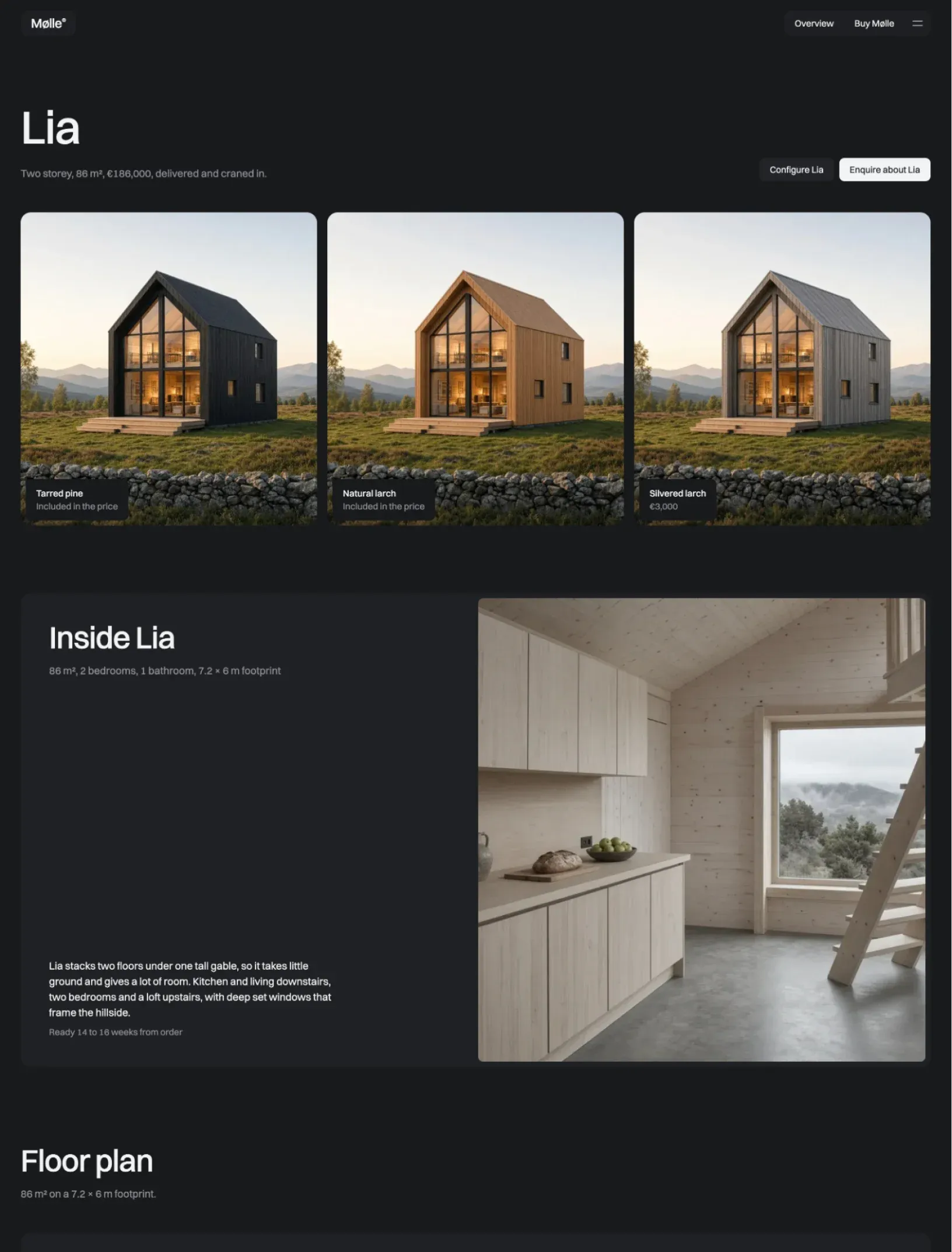 Mølle Lia detail page with the cabin shown in tarred pine, natural larch and silvered larch side by side, above a dark card with the interior