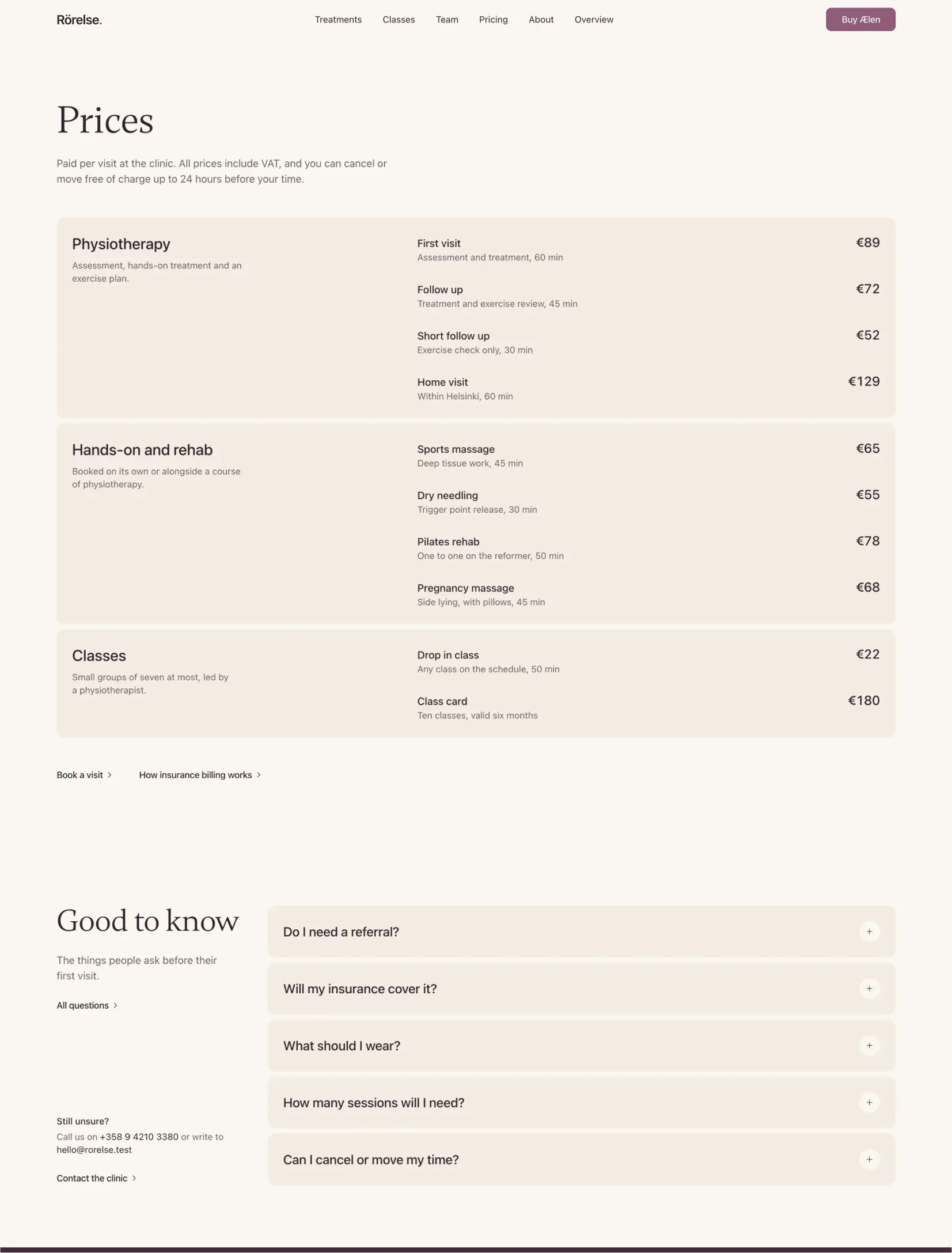 Ælen prices page with physiotherapy, hands-on and rehab, and class prices listed by treatment, and good to know questions beside a contact note