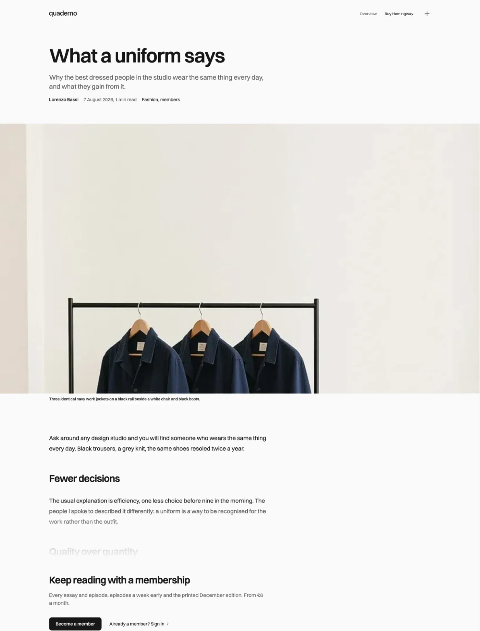 Hemingway essay page with a semibold headline and meta, a full bleed photograph with its caption, and the text fading into a membership prompt