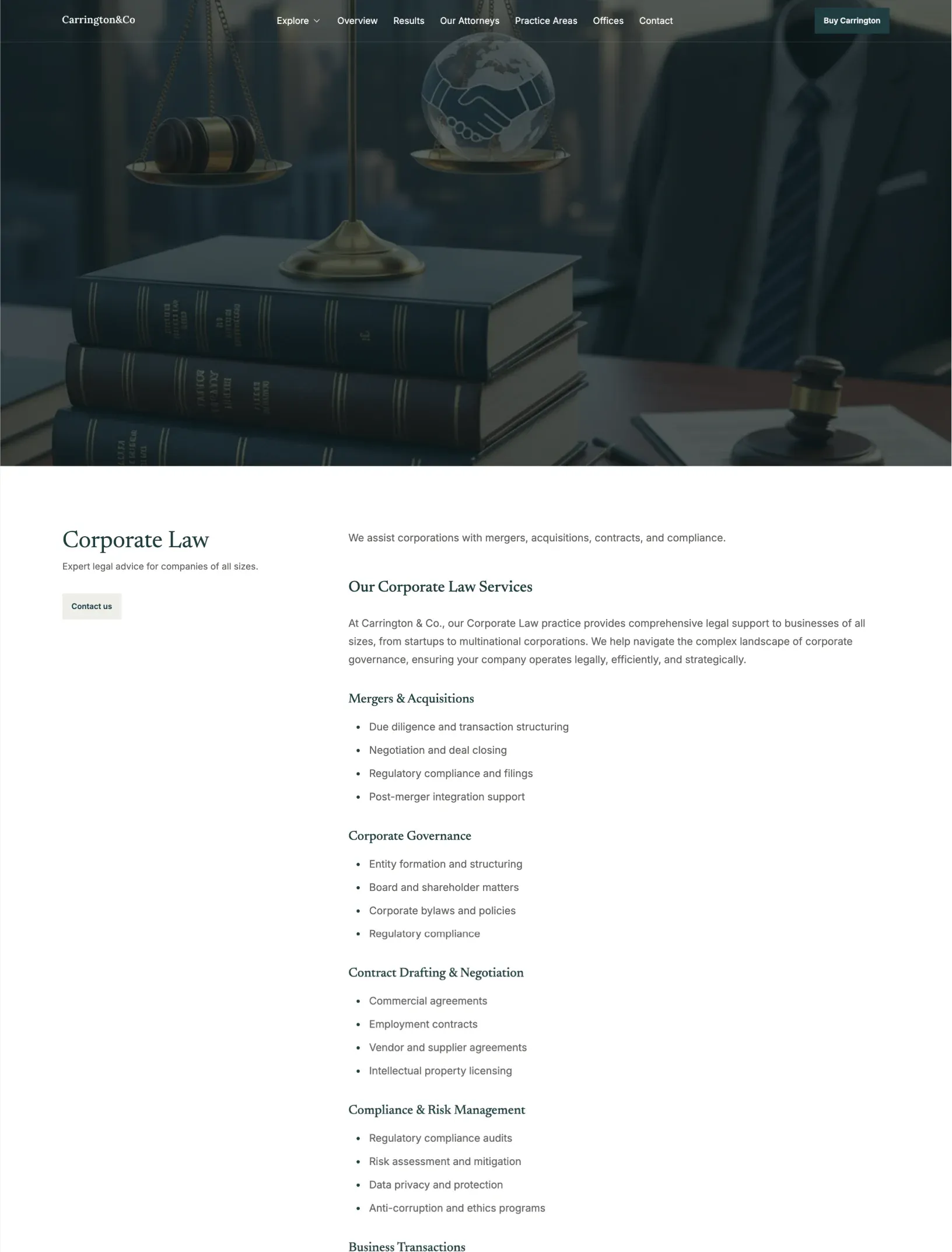 Carrington corporate law practice detail with a hero photo and service lists