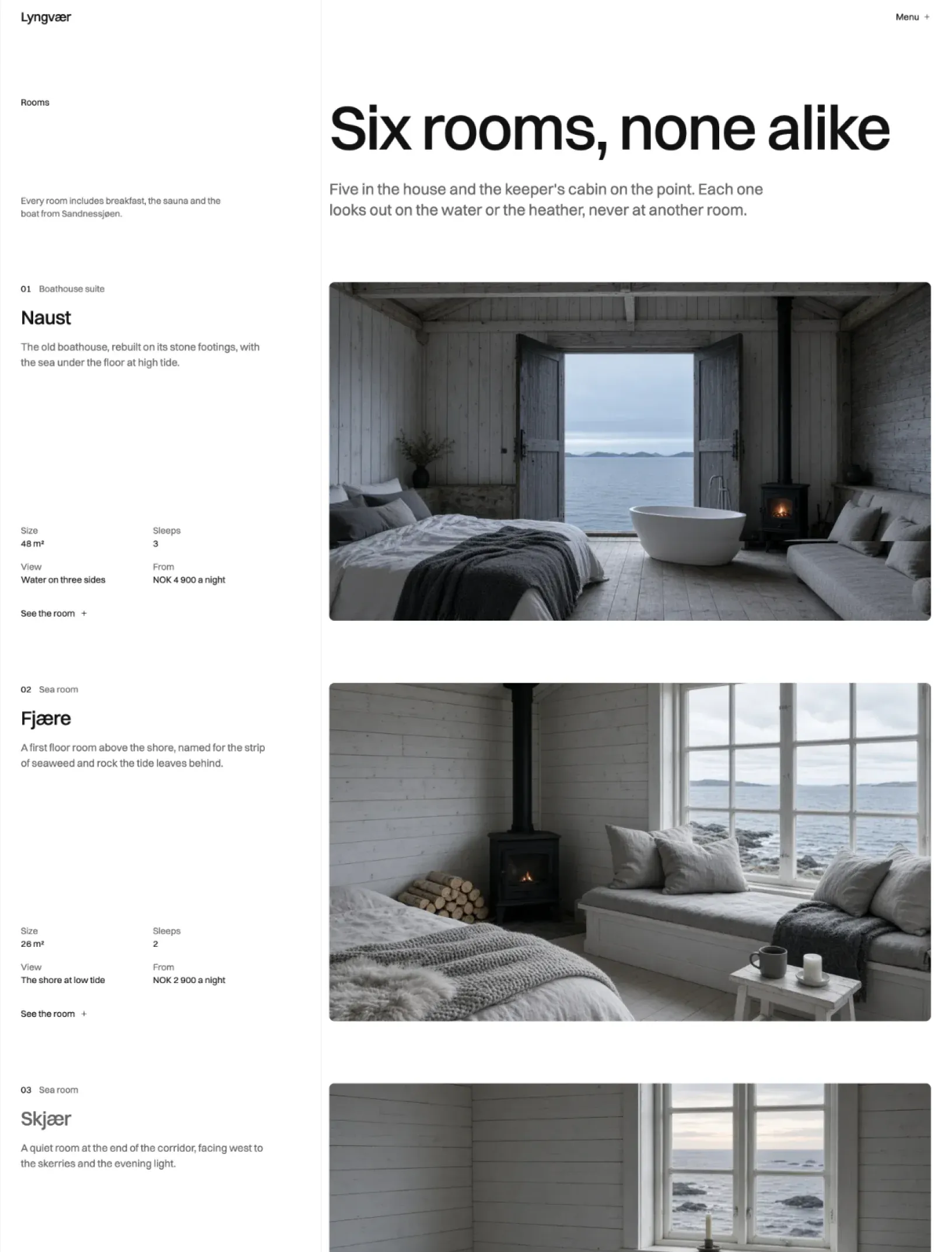 Author rooms index with each room as a row: name, description, size, sleeps, view and price beside a large photo