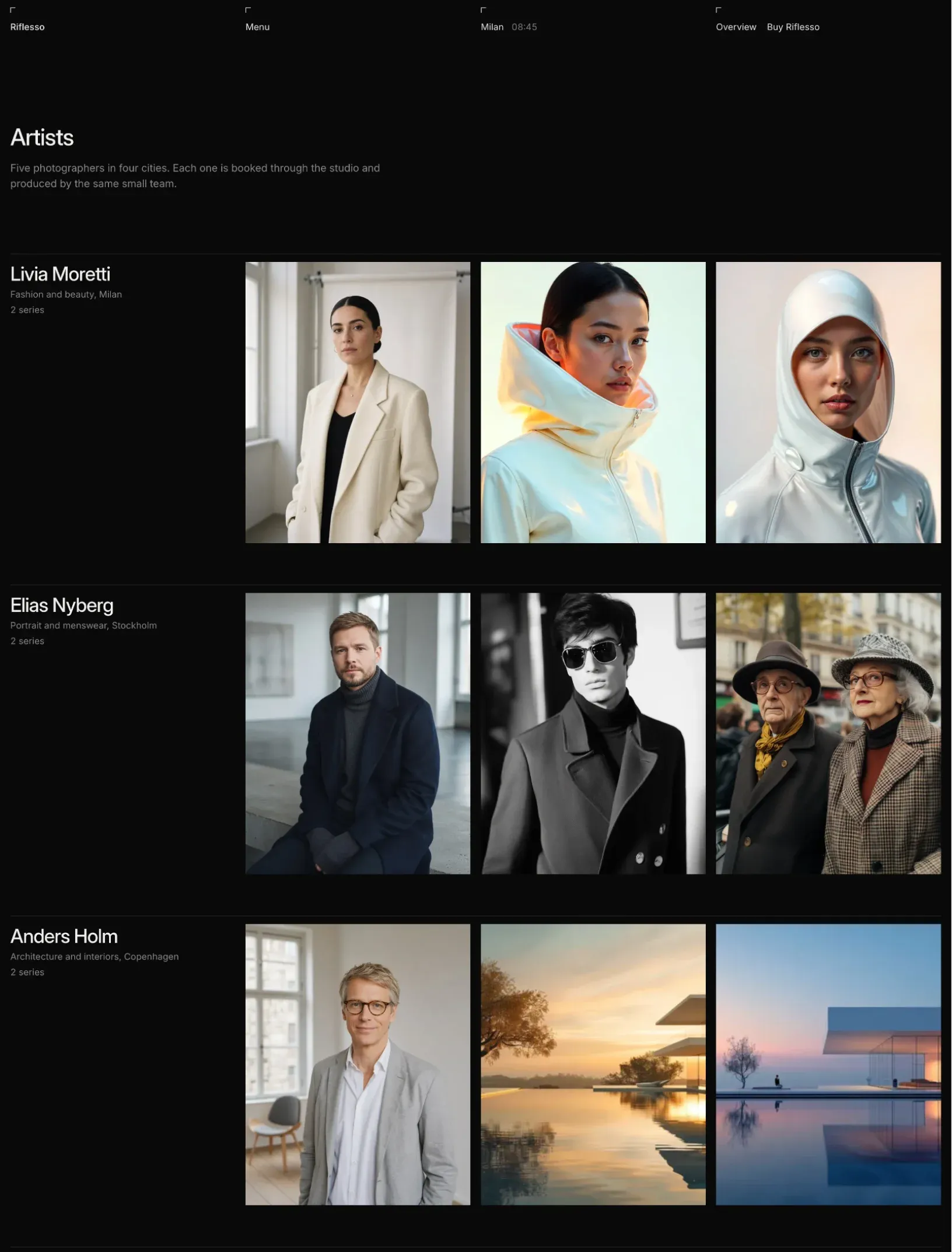 Riflesso artists roster with each photographer's name, discipline and city beside their portrait and two frames from their series