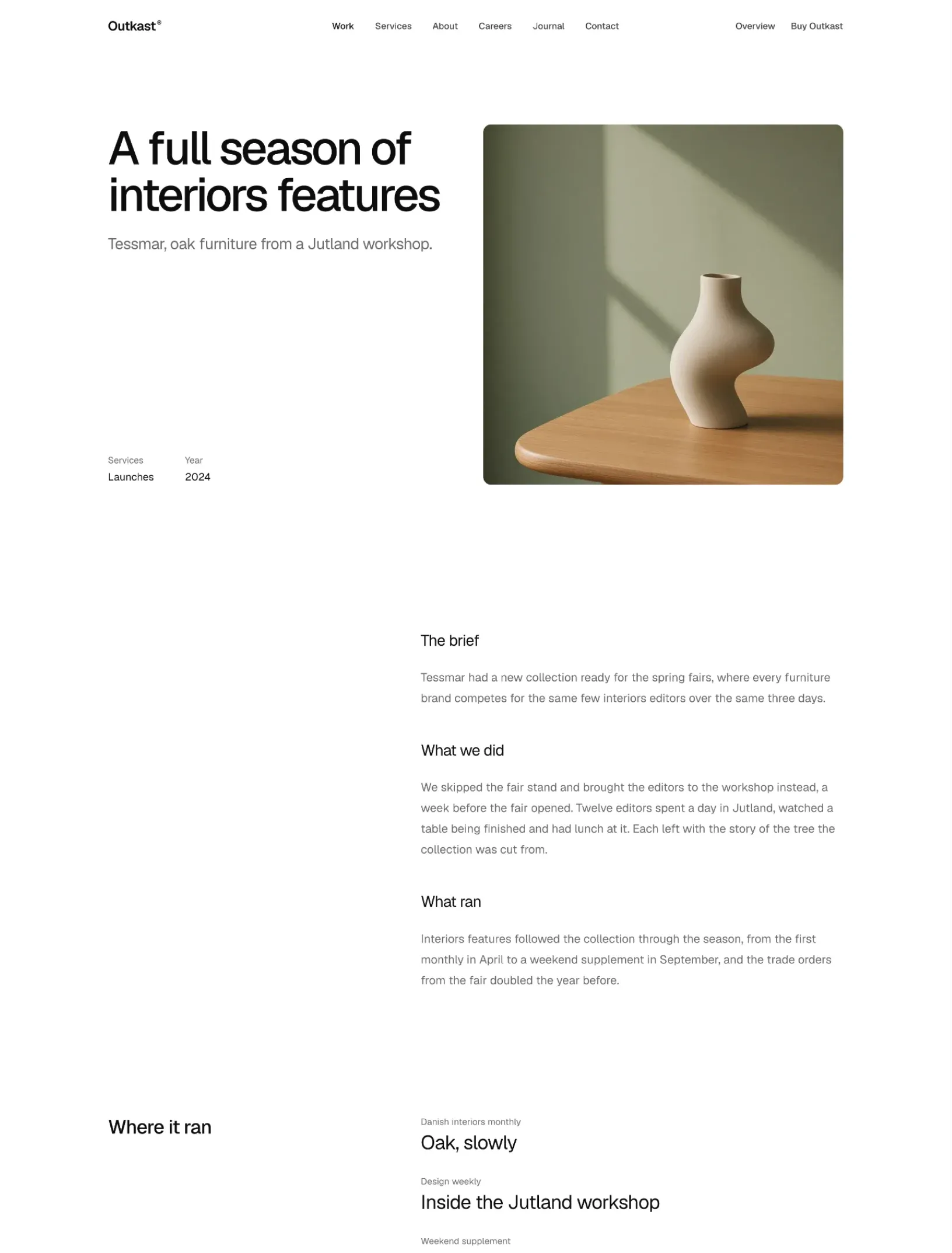 Outkast case study for an oak furniture maker with the result as the headline, services and year, the brief, what was done and where the coverage ran