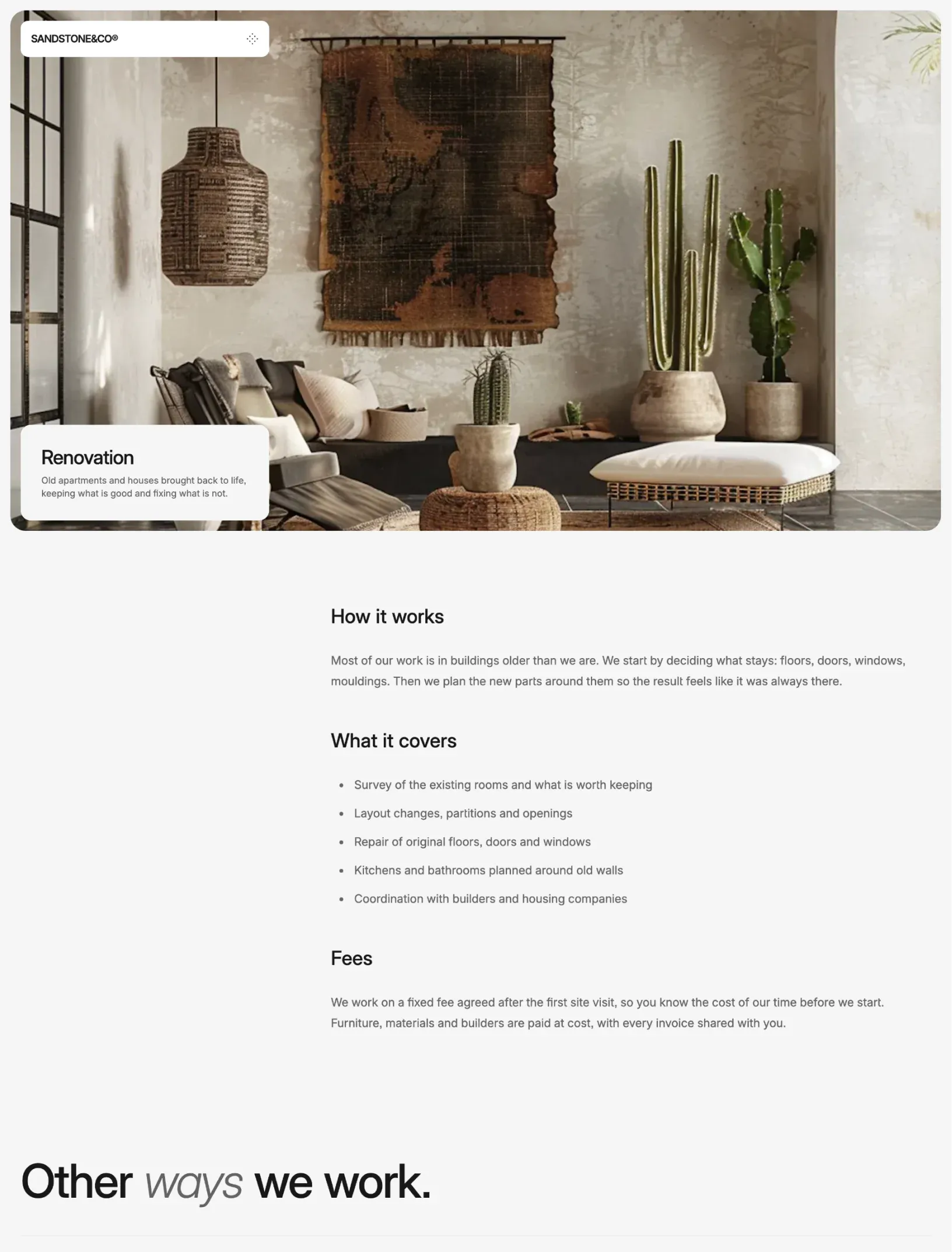 Sandstone service page for renovation with a lounge under a woven wall hanging, then how it works, what it covers and how the fees work, and other ways the studio works