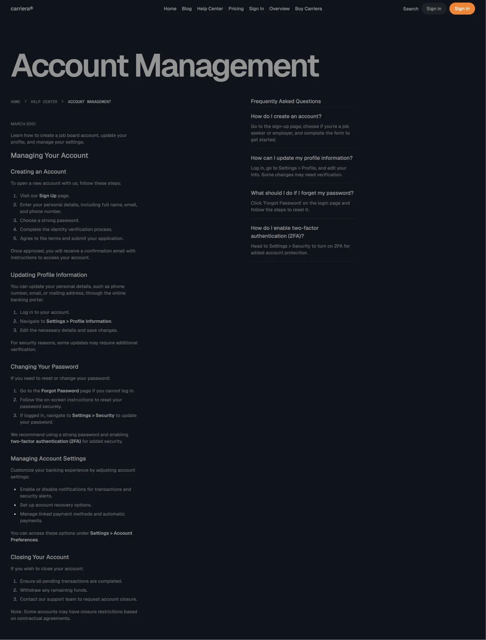 Carriera pricing page layout