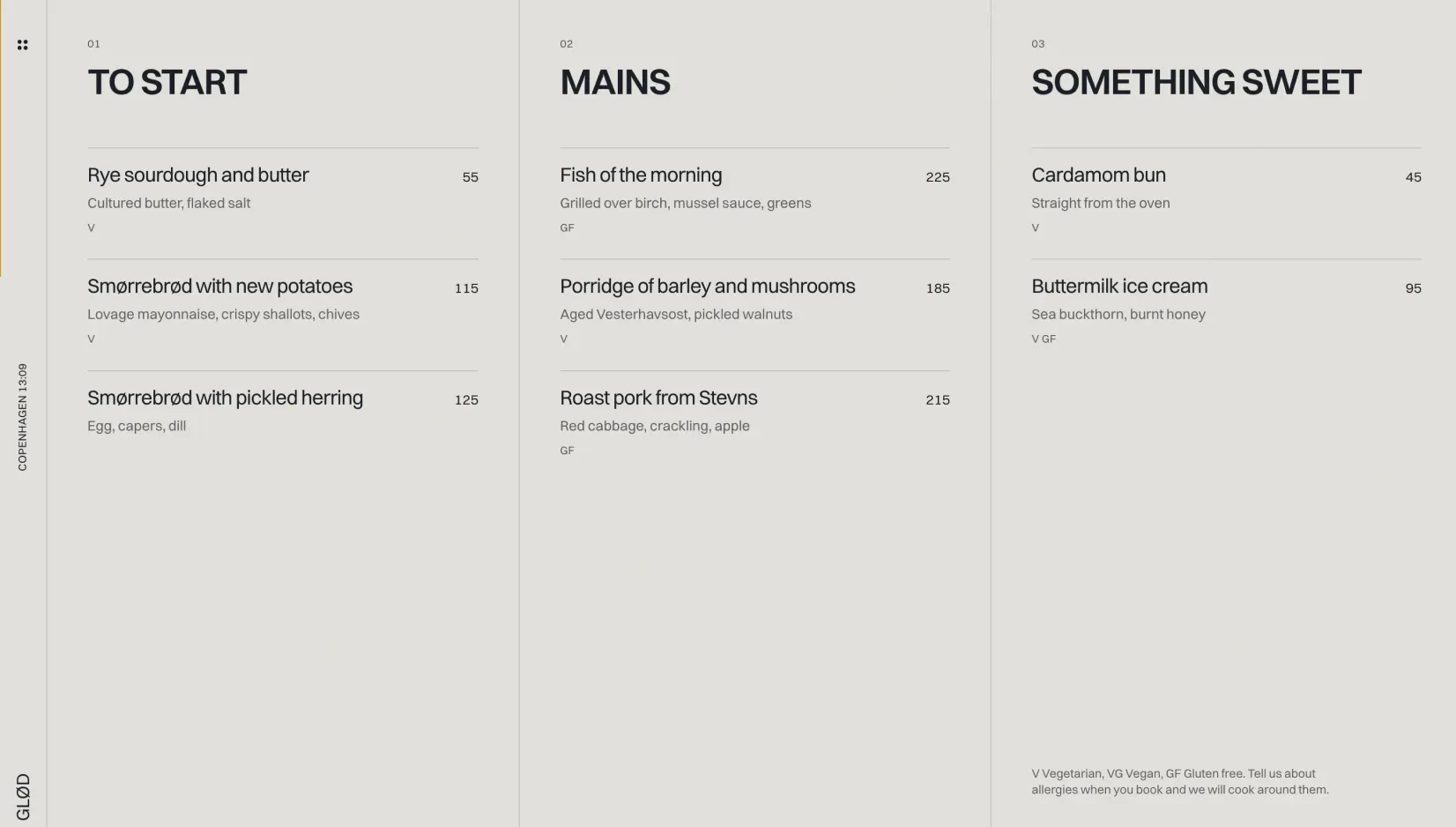 Ottis dinner menu in three columns for starters, mains and desserts, with prices and dietary marks