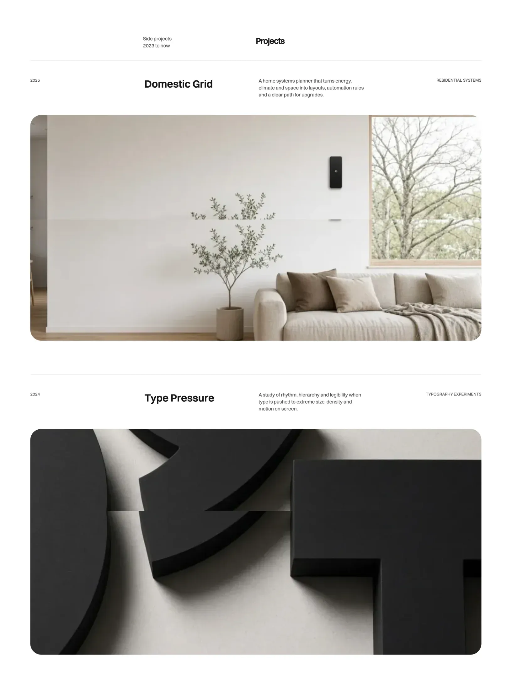 Prima Persona side projects in light mode with Domestic Grid and a Nordic living room, and Type Pressure with oversized black letterforms