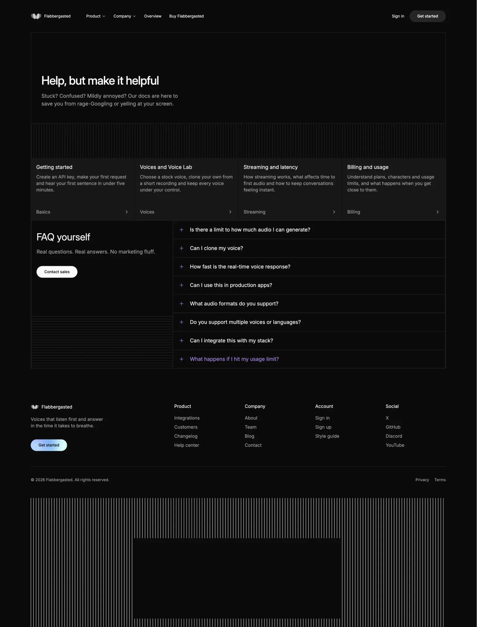 Flabbergasted help center with four article cards for basics, voices, streaming and billing, and the FAQ beside a Contact sales button