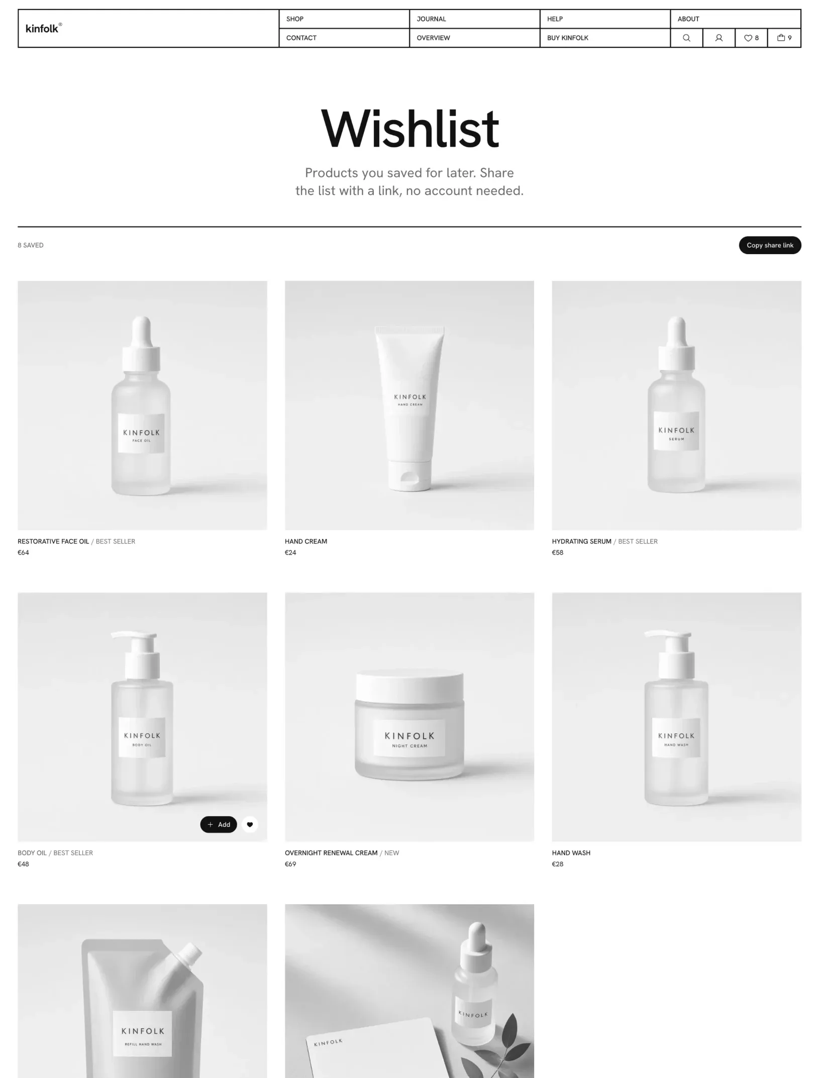 Kinfolk wishlist with the saved count, a Copy share link button and a grid of saved products including the gift card