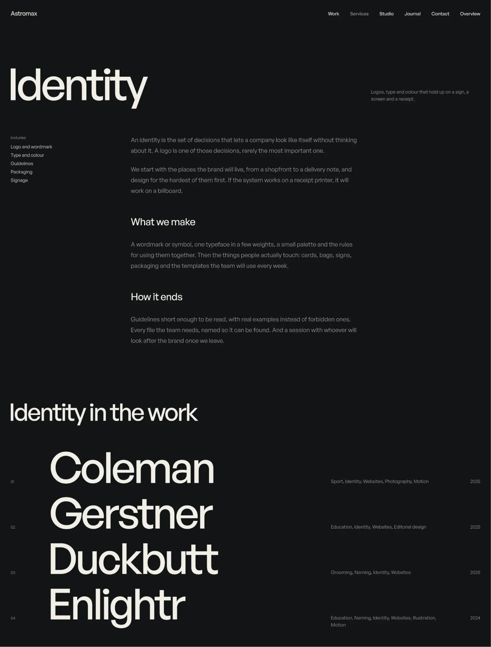 Astromax SP identity service page with what it includes, the text, and the four projects it was part of