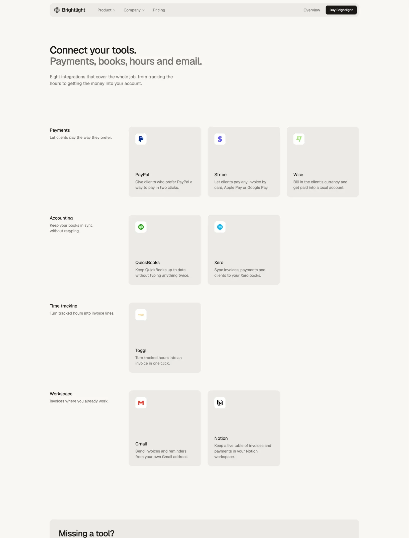 Brightlight integrations directory with Stripe, PayPal, Wise, QuickBooks, Xero, Toggl, Gmail and Notion grouped by category